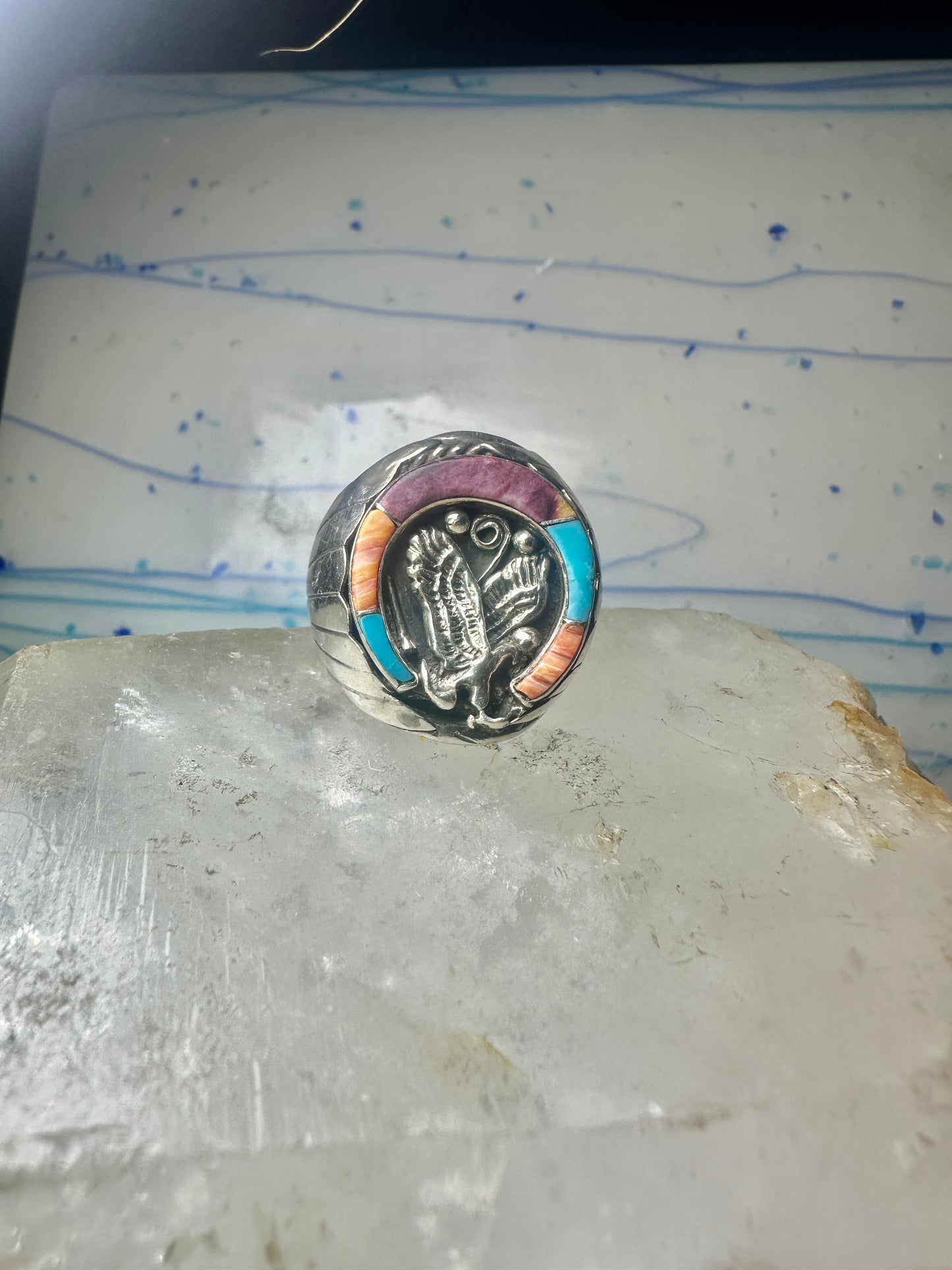 Navajo ring Horseshoe eagle turquoise spiny oyster size 11 sterling silver men