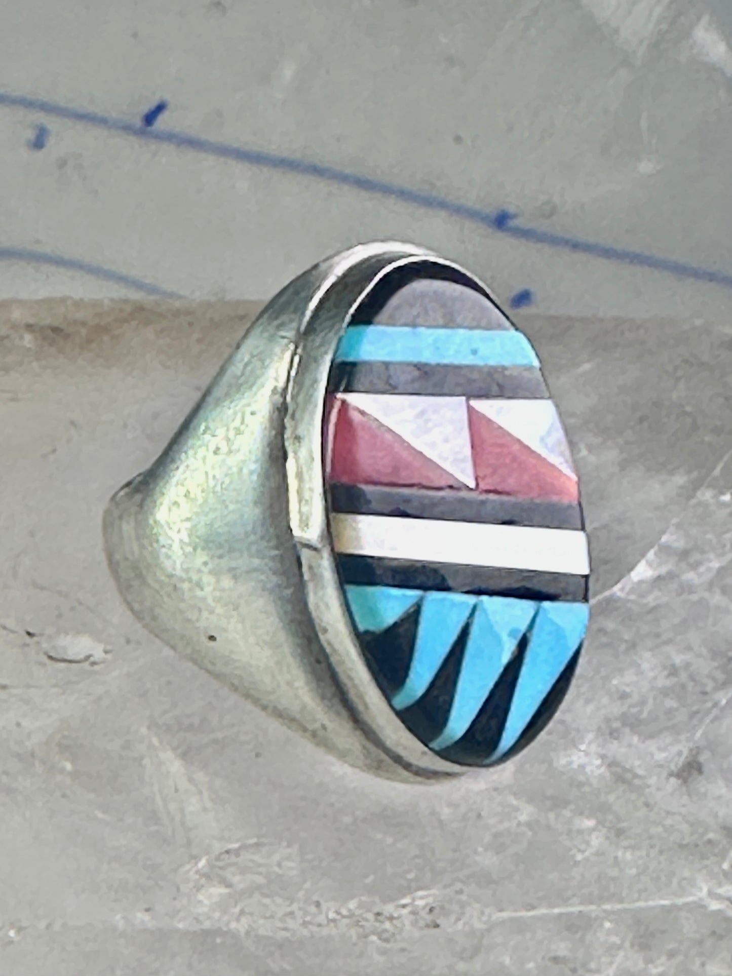 Zuni ring Turquoise coral MOP Onyx band size 8.25 sterling silver women men