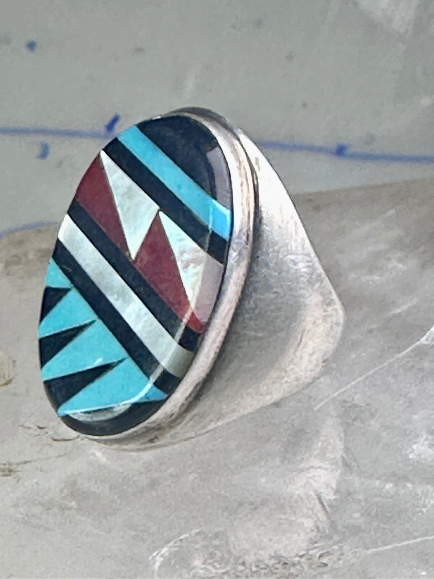 Zuni ring Turquoise coral MOP Onyx band size 8.25 sterling silver women men