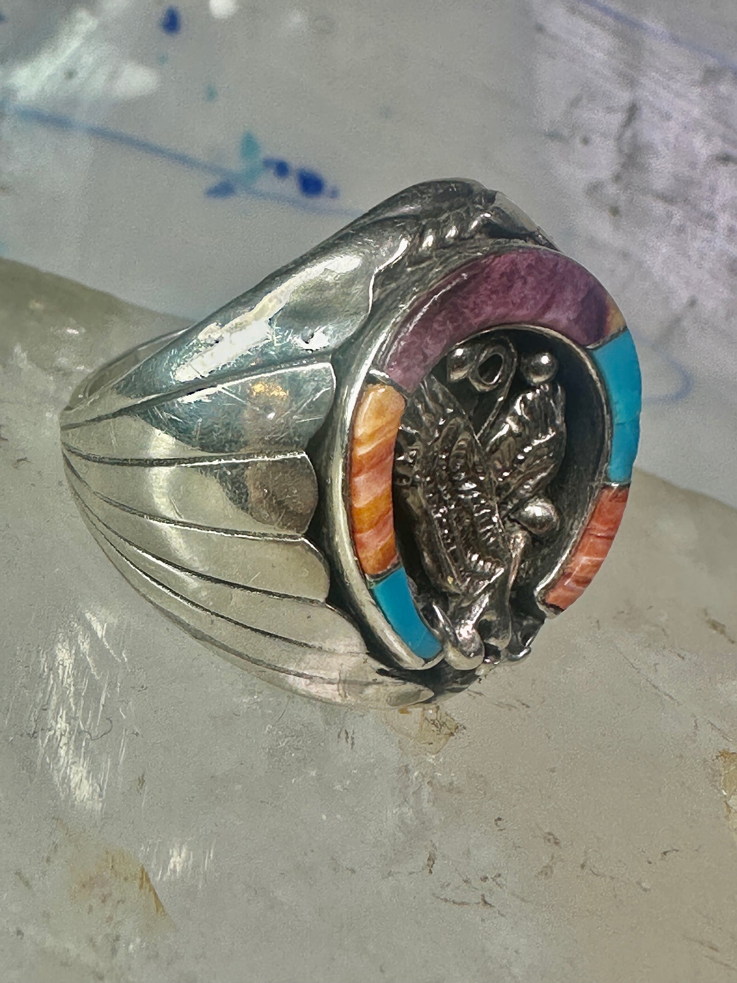 Navajo ring Horseshoe eagle turquoise spiny oyster size 11 sterling silver men