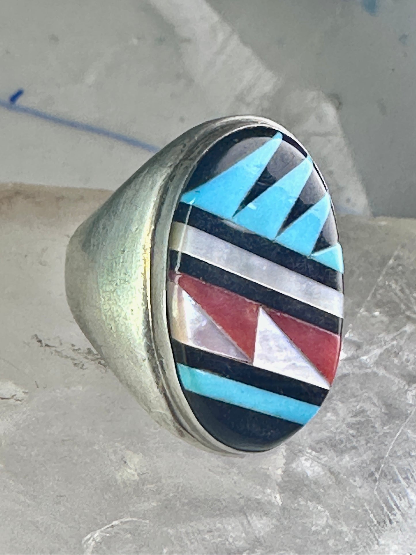 Zuni ring Turquoise coral MOP Onyx band size 8.25 sterling silver women men