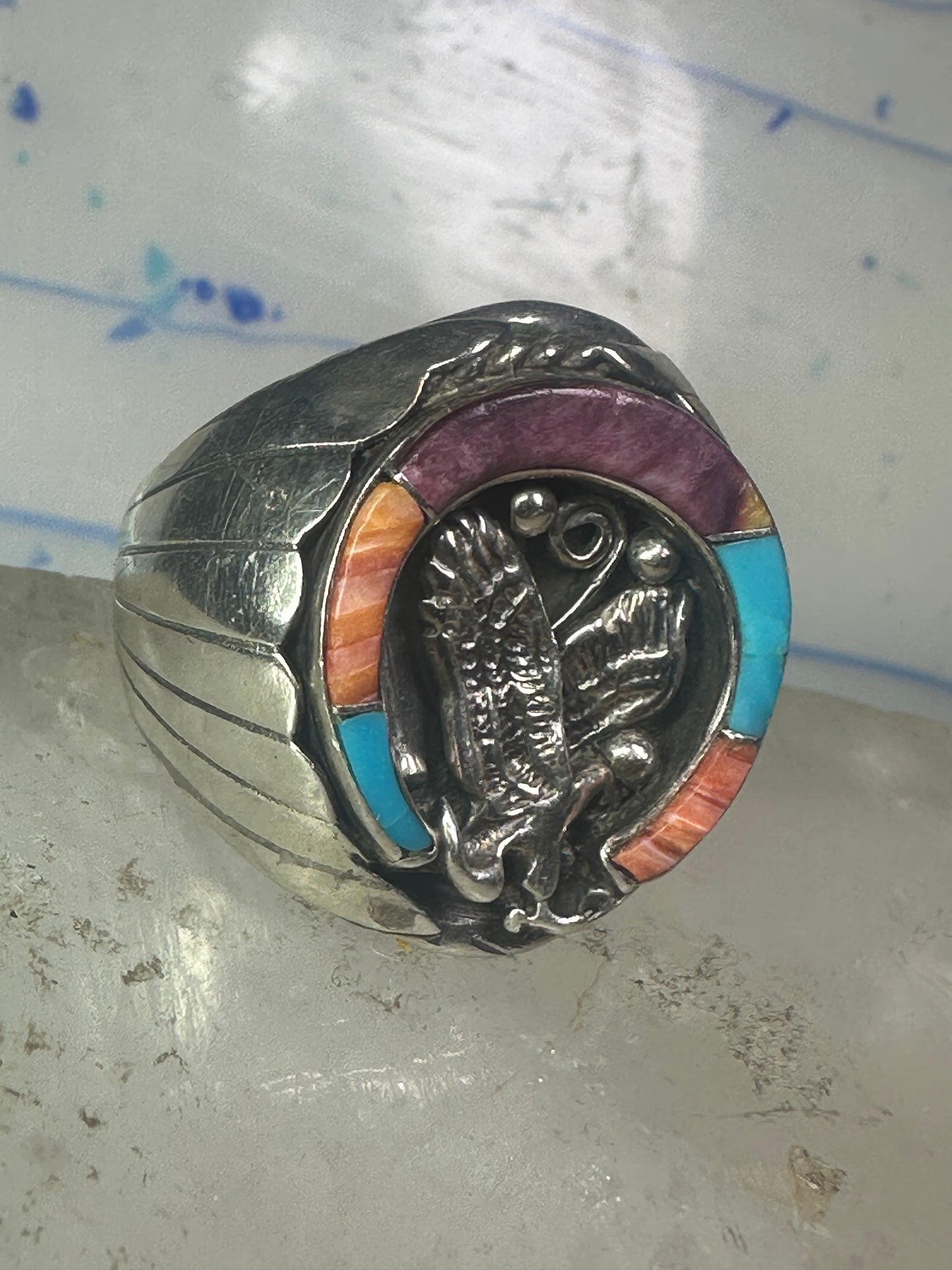 Navajo ring Horseshoe eagle turquoise spiny oyster size 11 sterling silver men