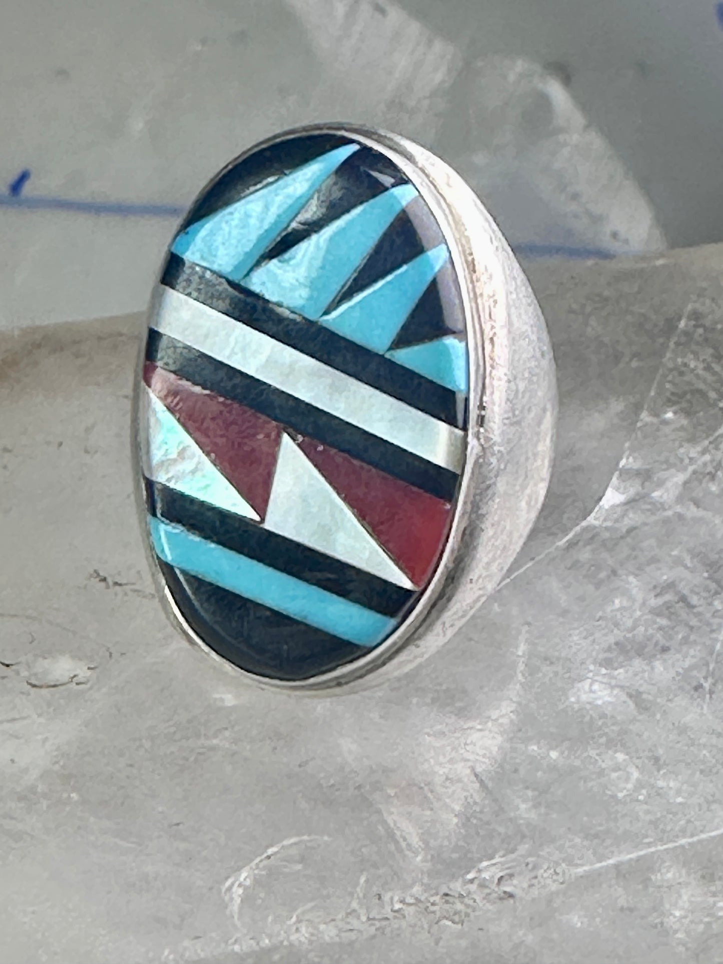 Zuni ring Turquoise coral MOP Onyx band size 8.25 sterling silver women men