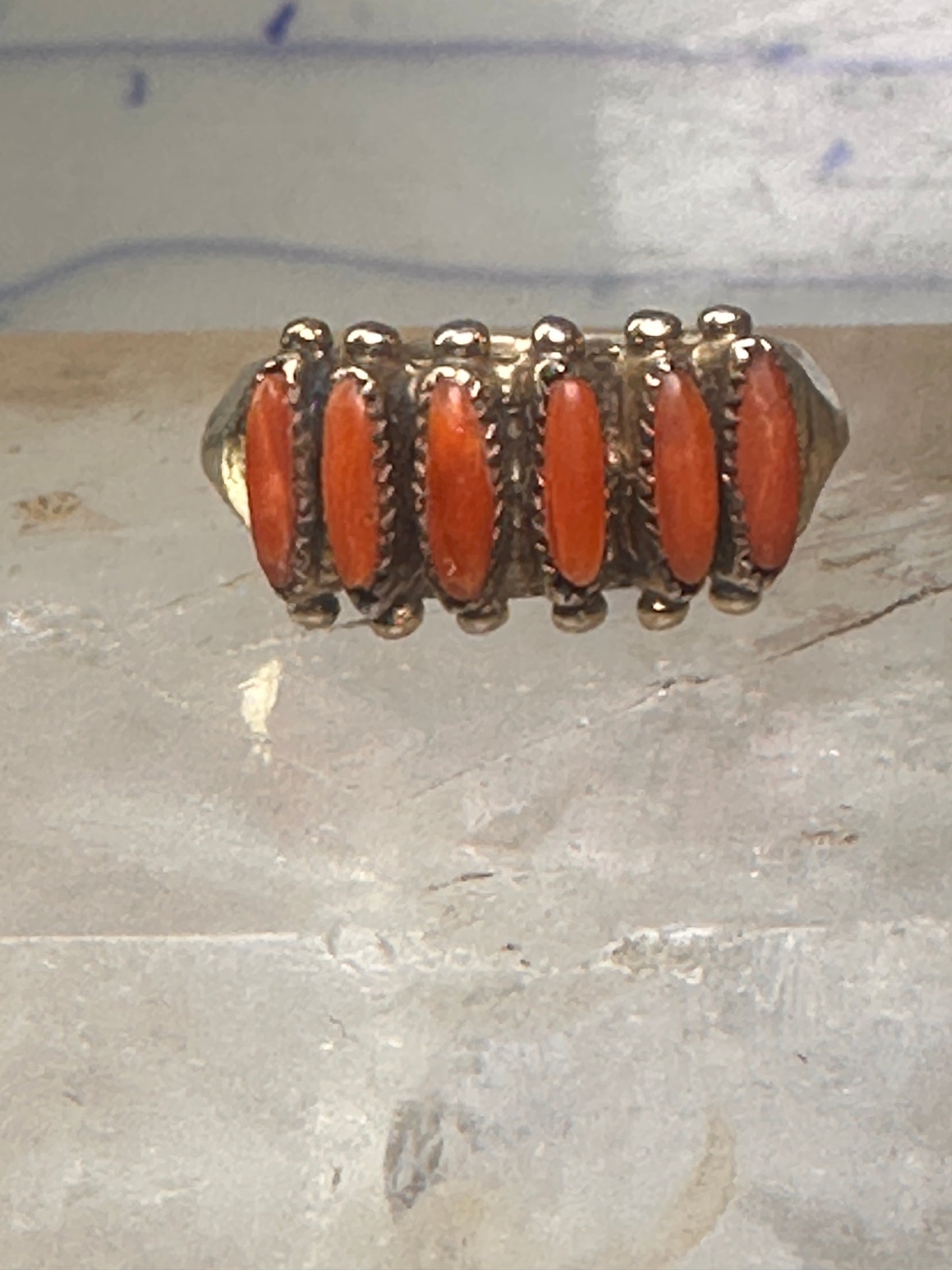 Zuni ring coral needlepoint petite point Size 6 sterling silver women Paloma