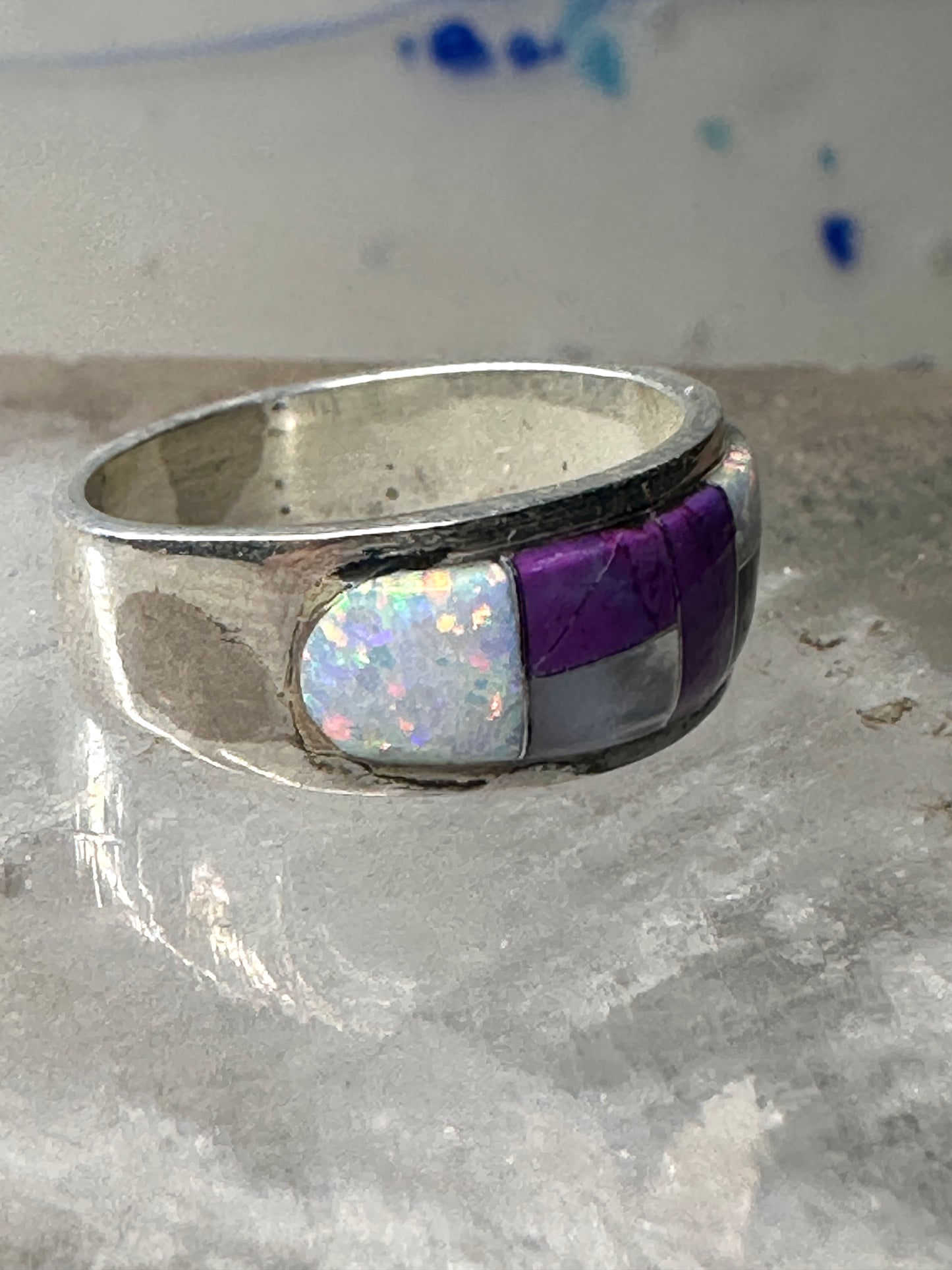 Southwest ring Mother of pearl Onyx Lab Opal pinky size 4.75 sterling silver women girls