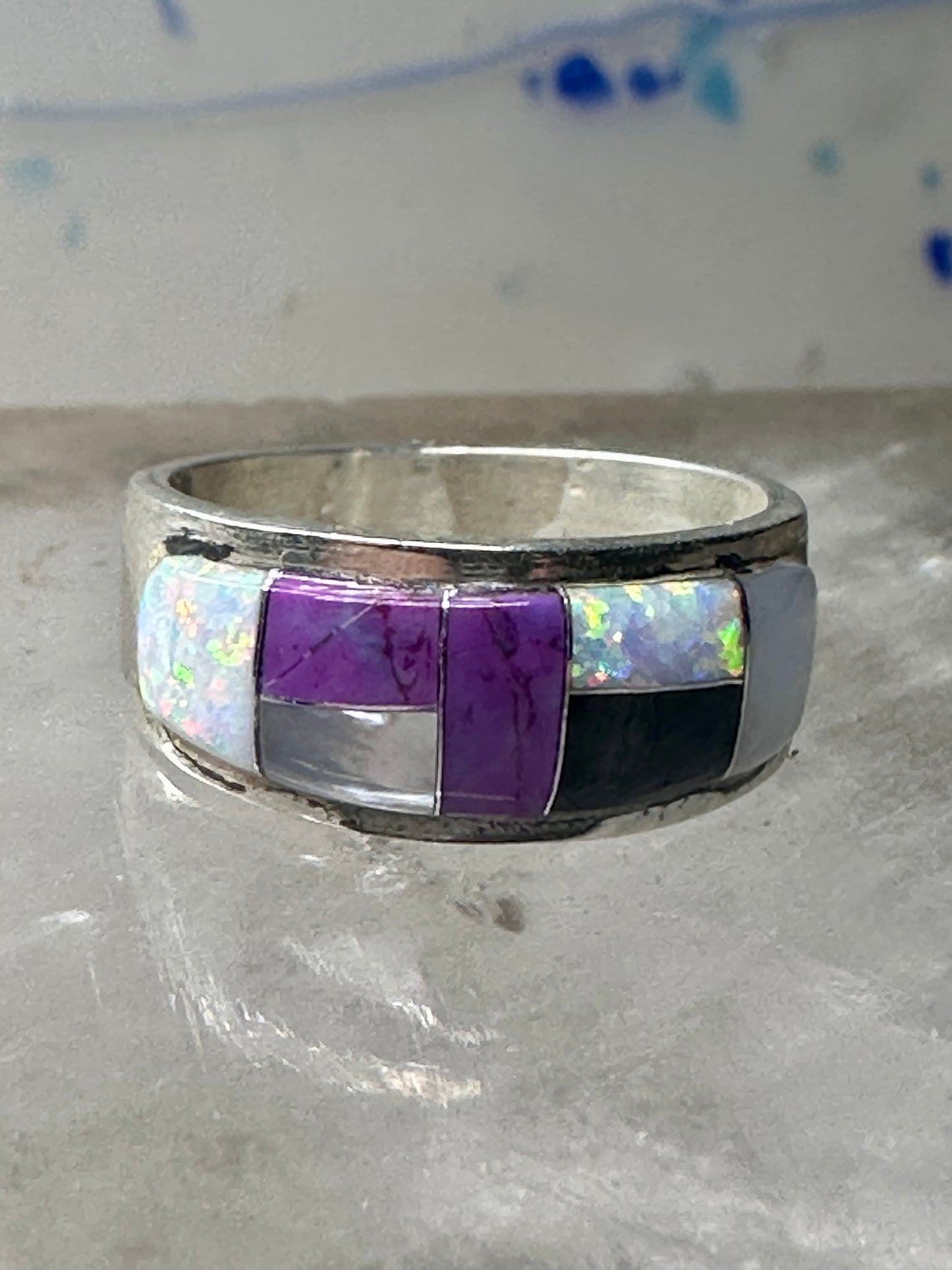 Southwest ring Mother of pearl Onyx Lab Opal pinky size 4.75 sterling silver women girls