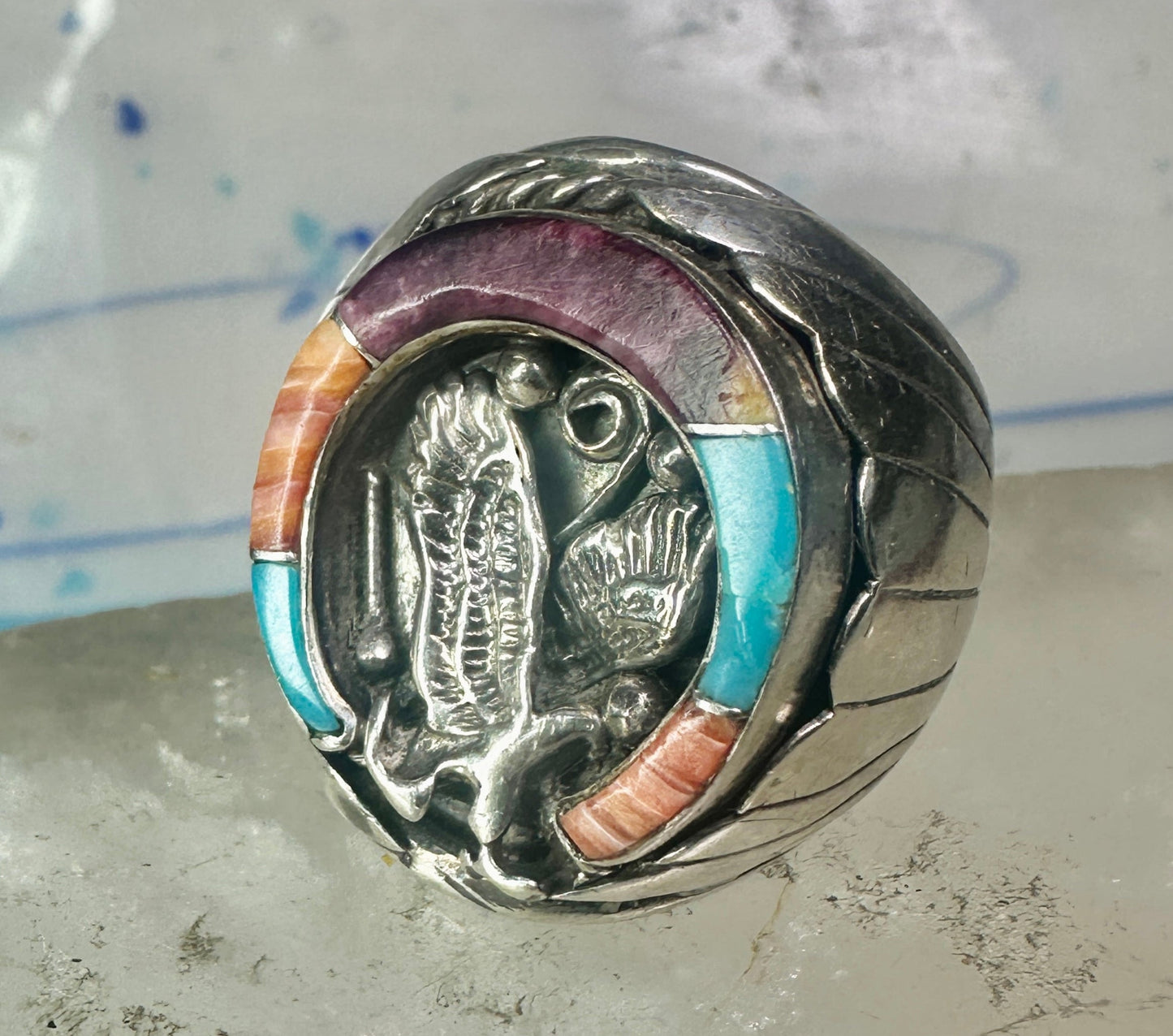 Navajo ring Horseshoe eagle turquoise spiny oyster size 11 sterling silver men