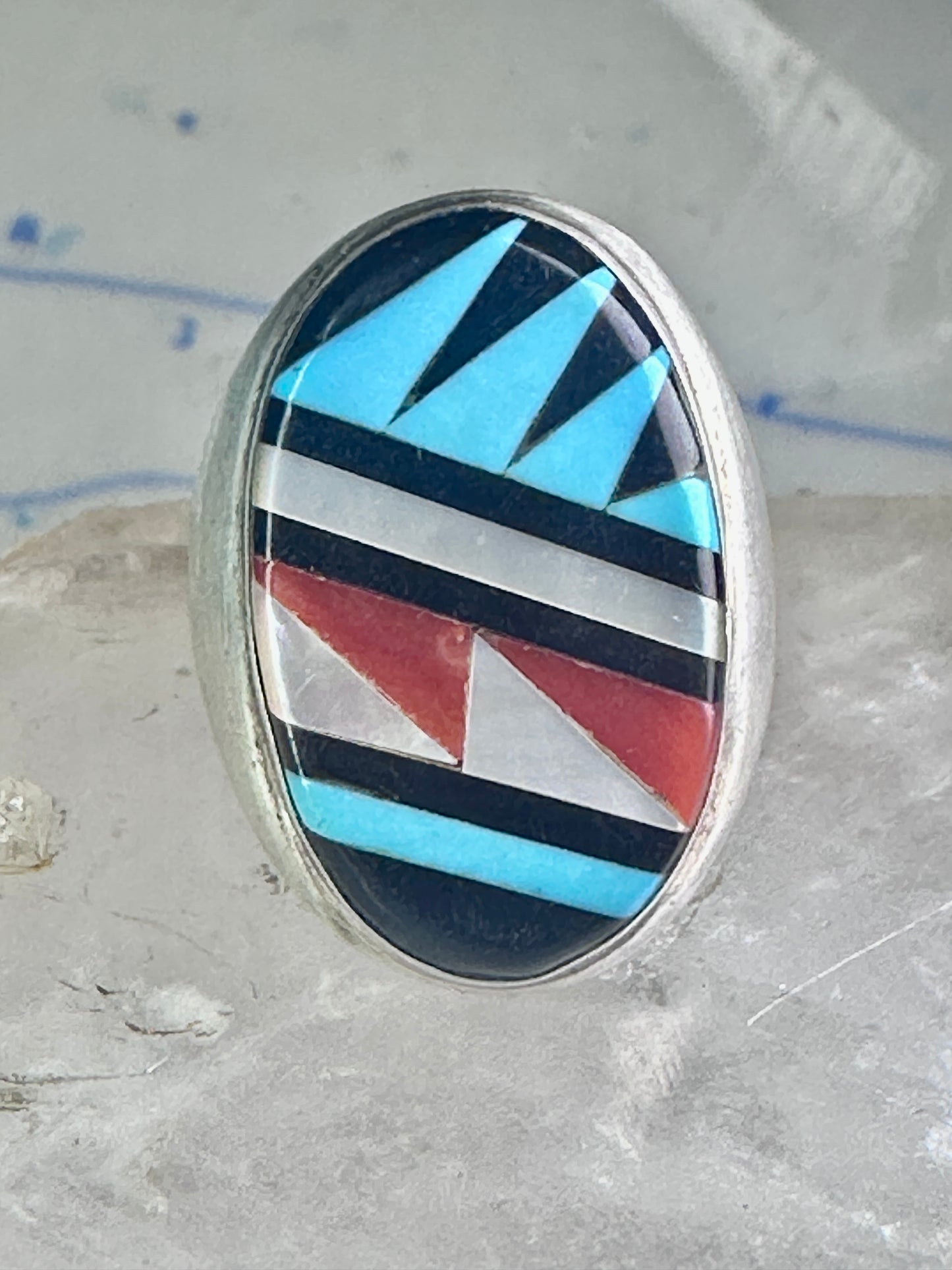 Zuni ring Turquoise coral MOP Onyx band size 8.25 sterling silver women men
