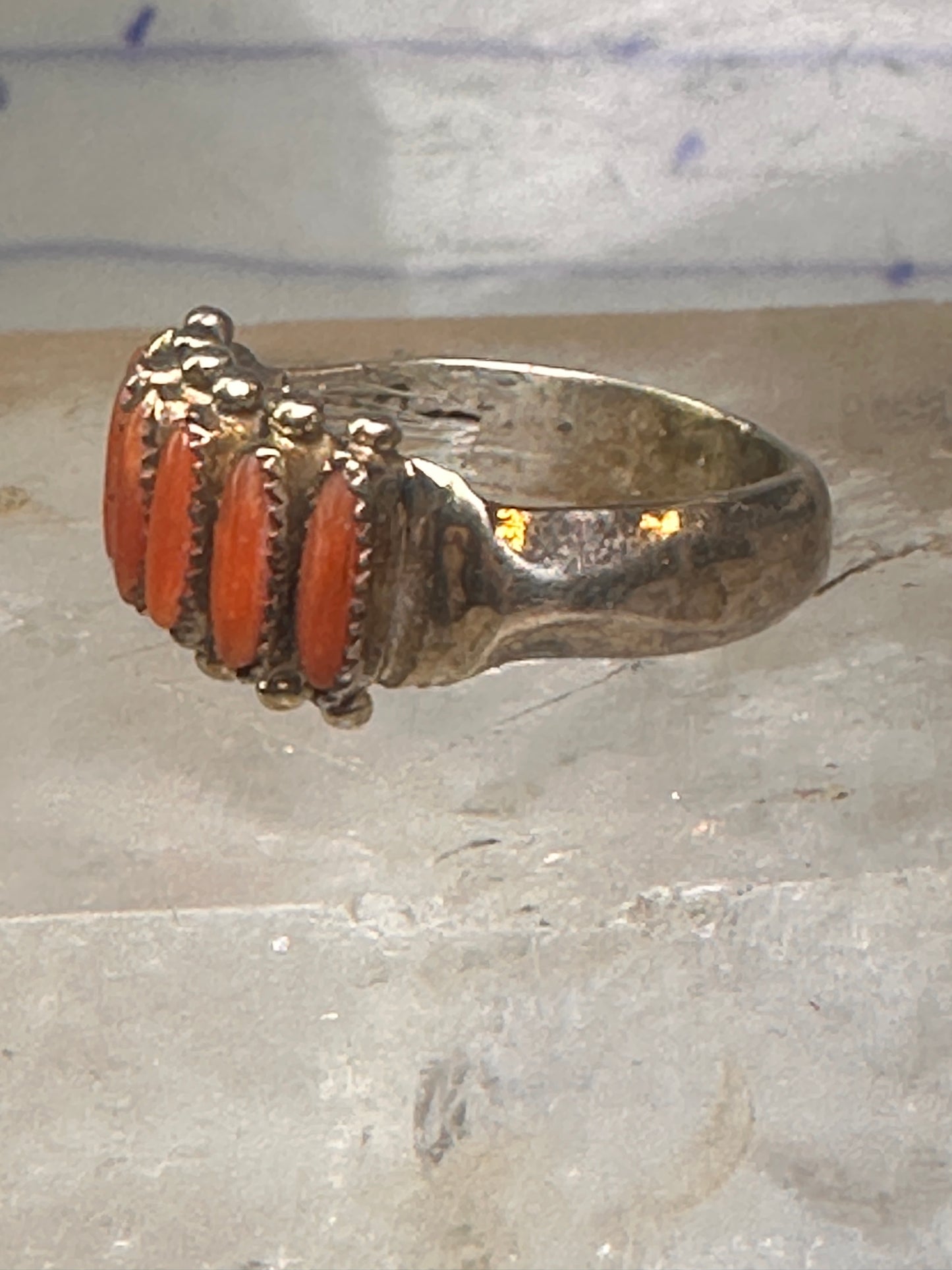 Zuni ring coral needlepoint petite point Size 6 sterling silver women Paloma