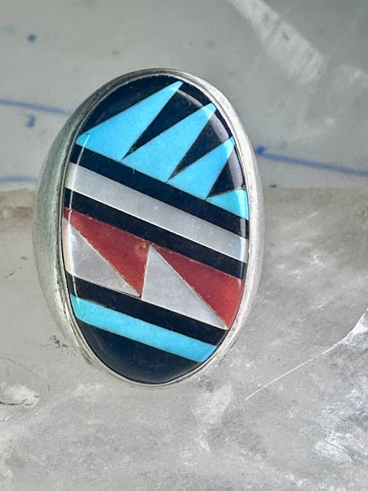 Zuni ring Turquoise coral MOP Onyx band size 8.25 sterling silver women men