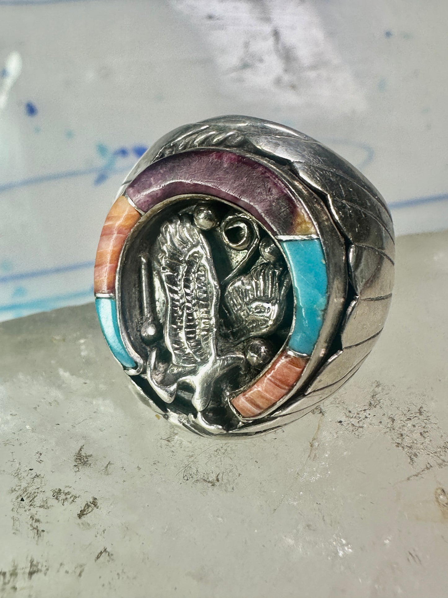 Navajo ring Horseshoe eagle turquoise spiny oyster size 11 sterling silver men