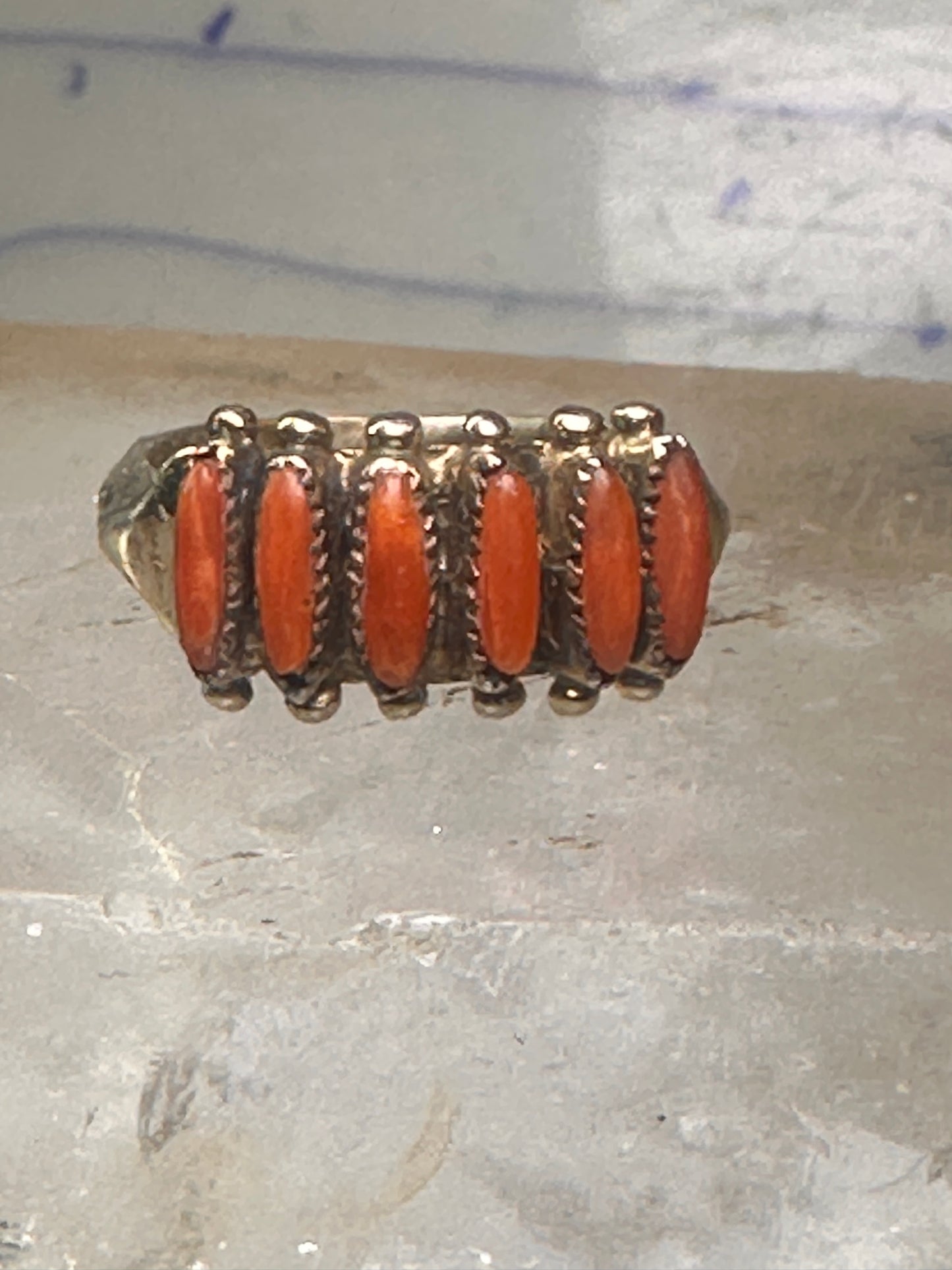 Zuni ring coral needlepoint petite point Size 6 sterling silver women Paloma