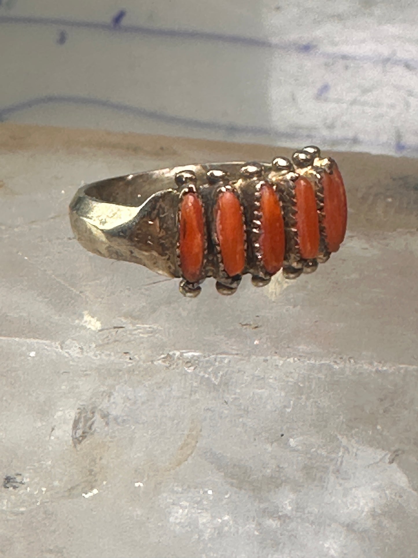Zuni ring coral needlepoint petite point Size 6 sterling silver women Paloma