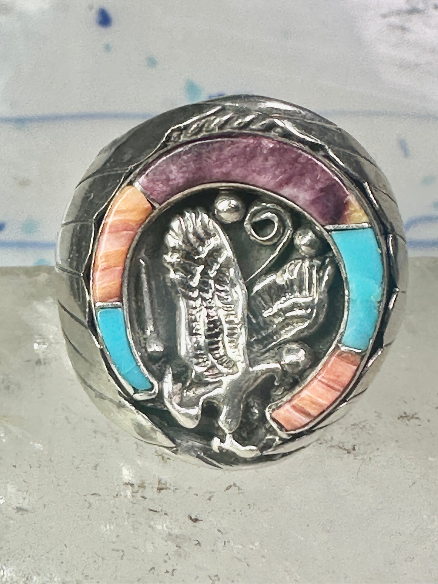 Navajo ring Horseshoe eagle turquoise spiny oyster size 11 sterling silver men