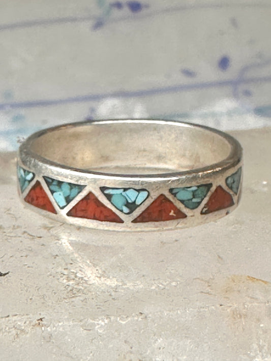 Vintage Sterling Silver Turquoise Coral Chip Inlay Southwestern Style Band Ring Size 12 5.1g 925