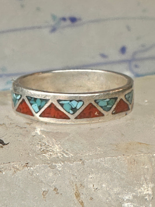 Vintage Sterling Silver Turquoise Coral Chip Inlay Southwestern Style Band Ring Size 12 5.1g 925