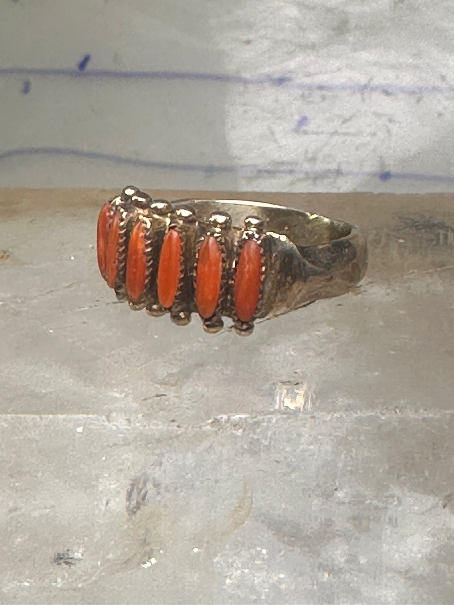 Zuni ring coral needlepoint petite point Size 6 sterling silver women Paloma