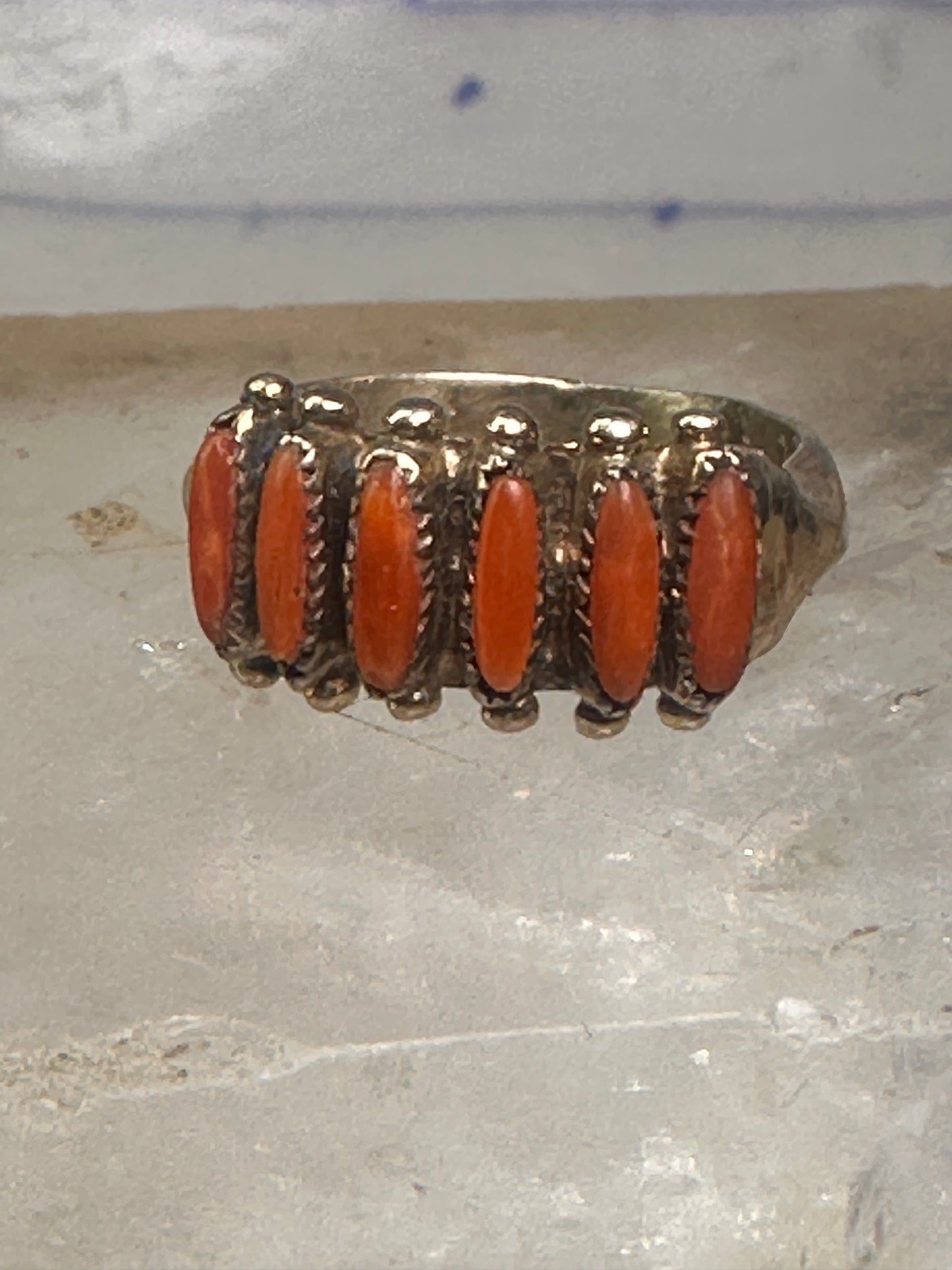 Zuni ring coral needlepoint petite point Size 6 sterling silver women Paloma