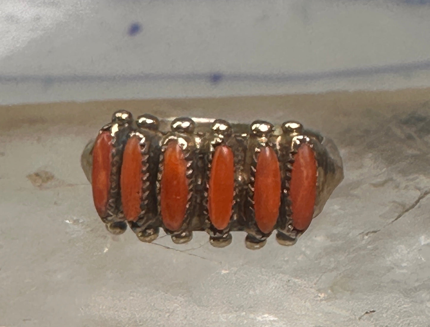 Zuni ring coral needlepoint petite point Size 6 sterling silver women Paloma