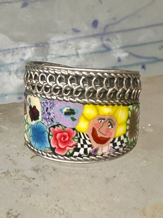 Vintage Sterling Silver Murano Millefiori Floral Face Cigar Band Ring Size 9.25 4.4g 925