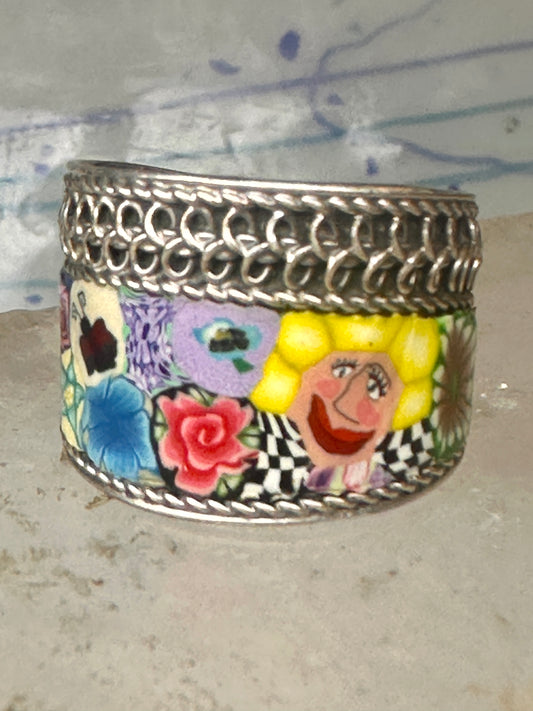 Vintage Sterling Silver Murano Millefiori Floral Face Cigar Band Ring Size 9.25 4.4g 925