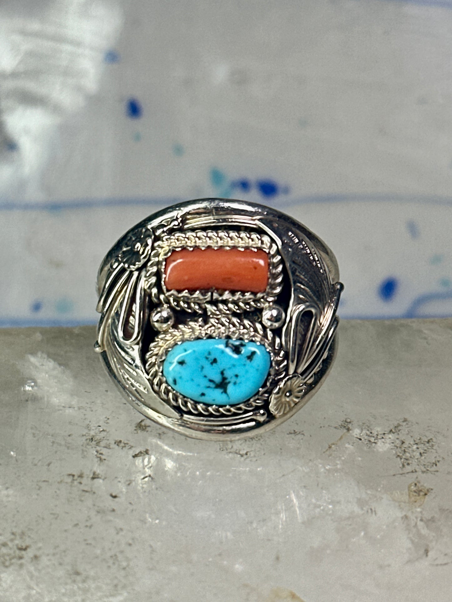 Navajo ring turquoise coral size 14.50 sterling silver men b