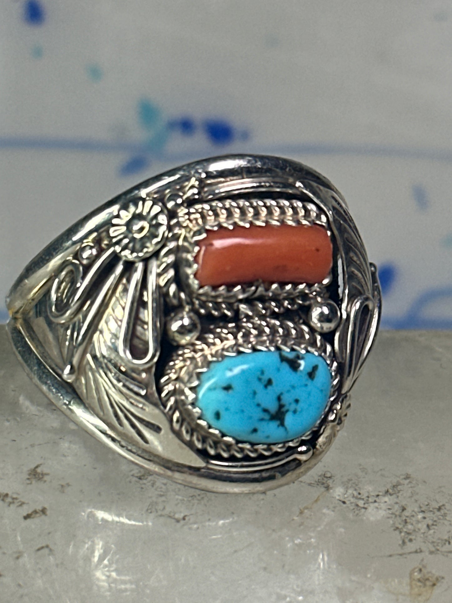 Navajo ring turquoise coral size 14.50 sterling silver men b