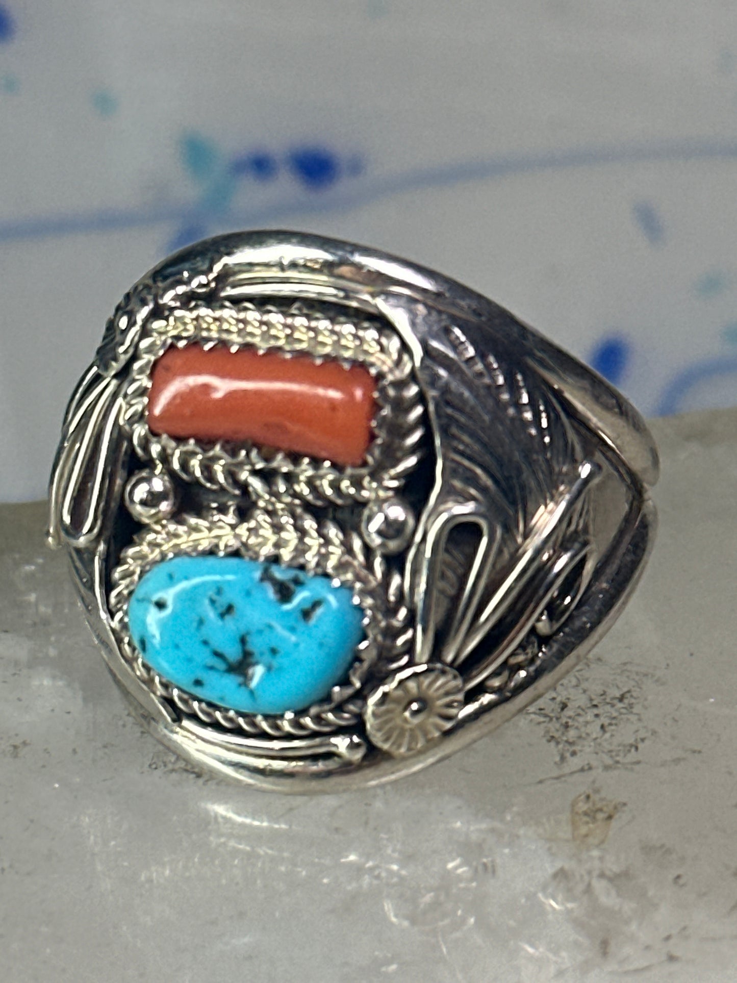 Navajo ring turquoise coral size 14.50 sterling silver men b
