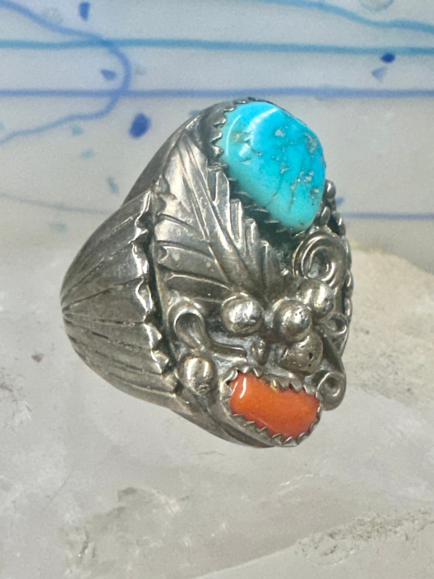 Navajo ring turquoise coral band size 9.75 sterling silver women men