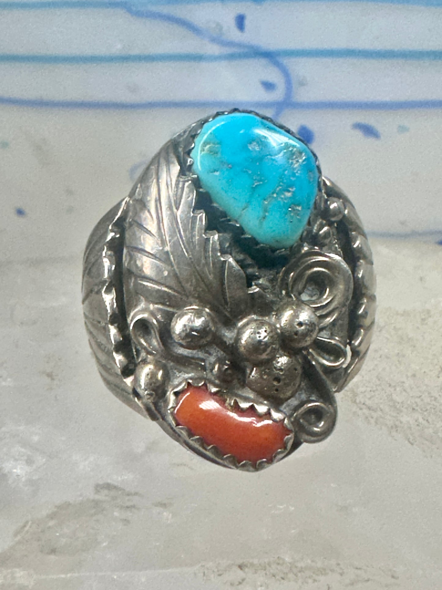 Navajo ring turquoise coral band size 9.75 sterling silver women men
