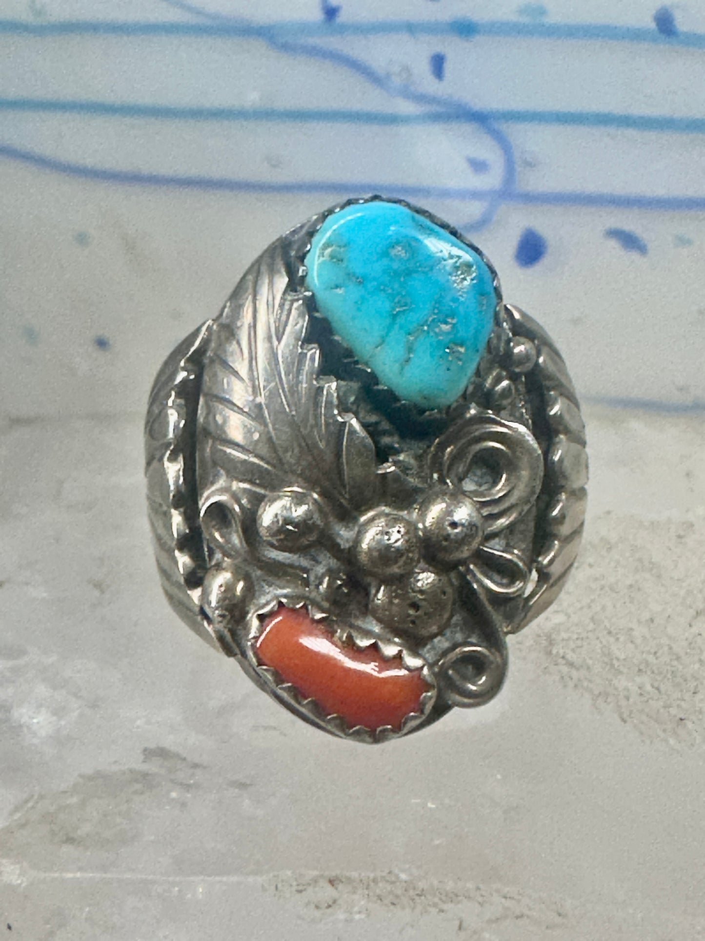 Navajo ring turquoise coral band size 9.75 sterling silver women men