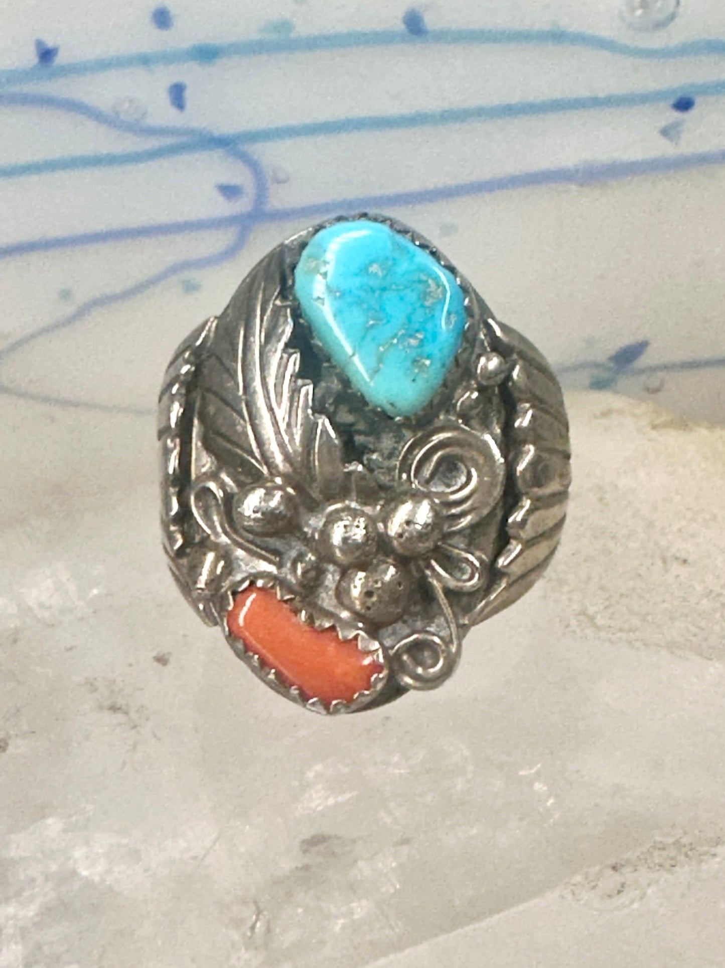 Navajo ring turquoise coral band size 9.75 sterling silver women men