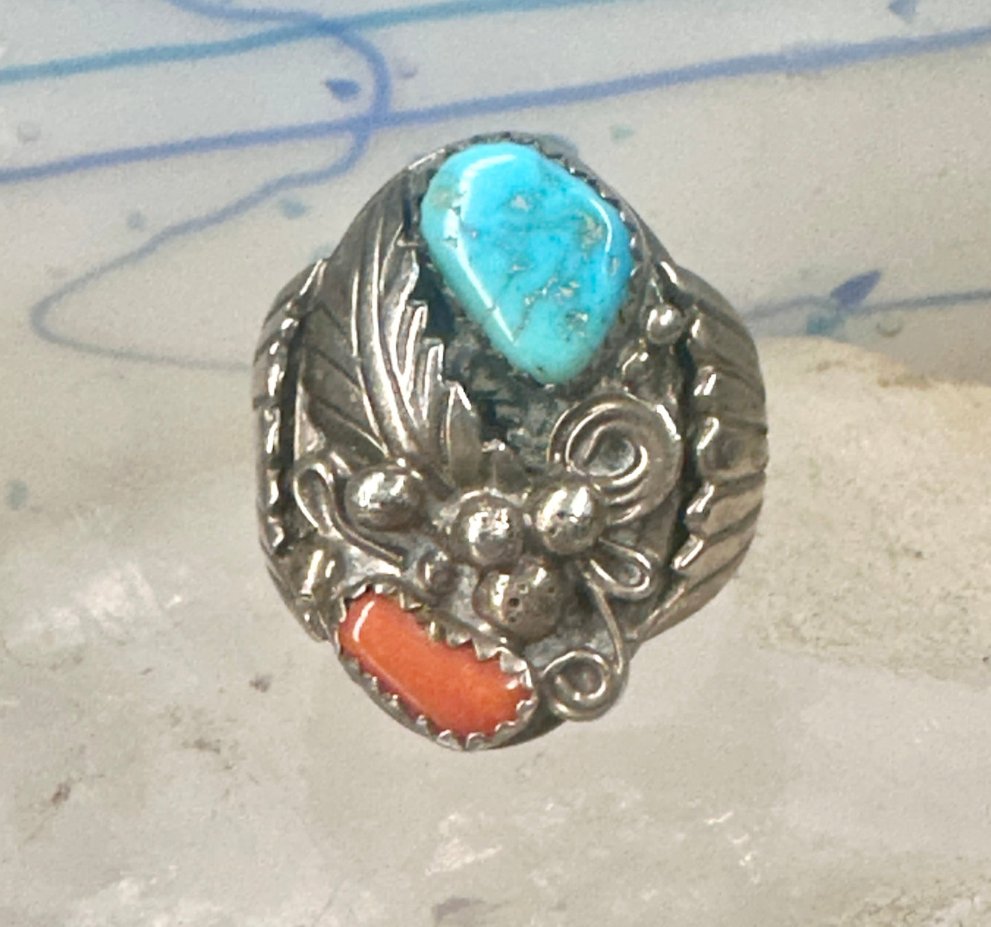 Navajo ring turquoise coral band size 9.75 sterling silver women men