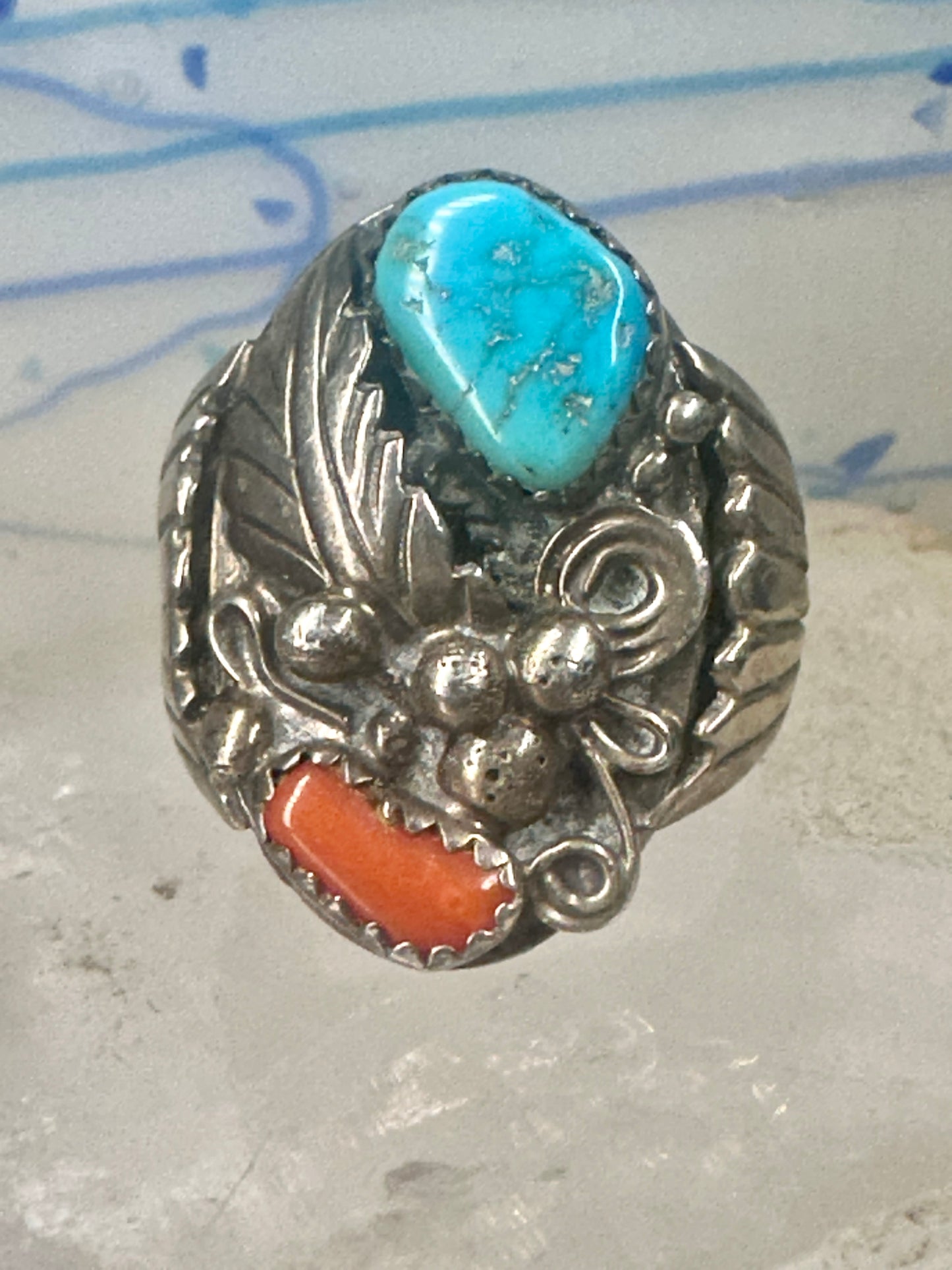 Navajo ring turquoise coral band size 9.75 sterling silver women men