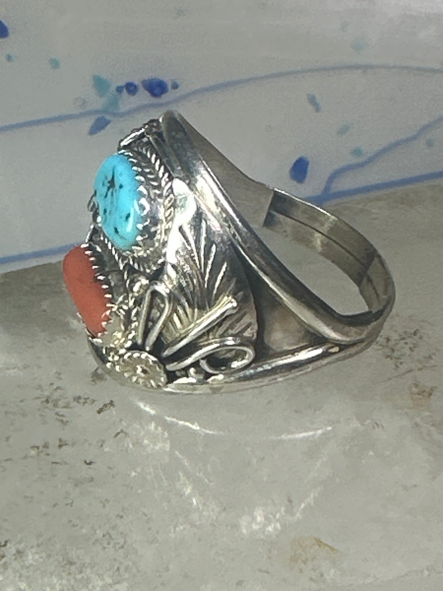 Navajo ring turquoise coral size 14.50 sterling silver men b
