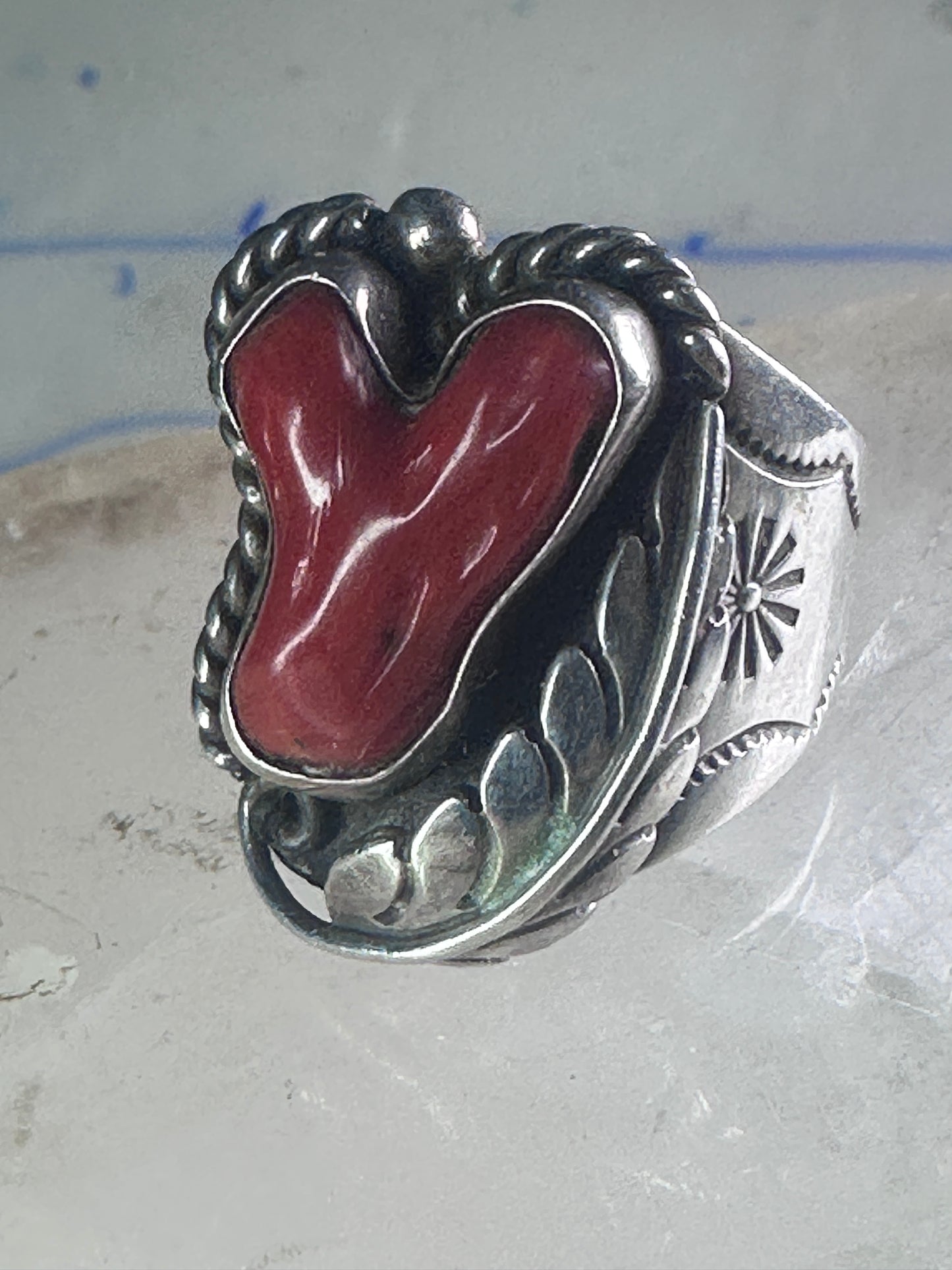 Navajo ring Coral band size 10.50 sterling silver stamping  women men