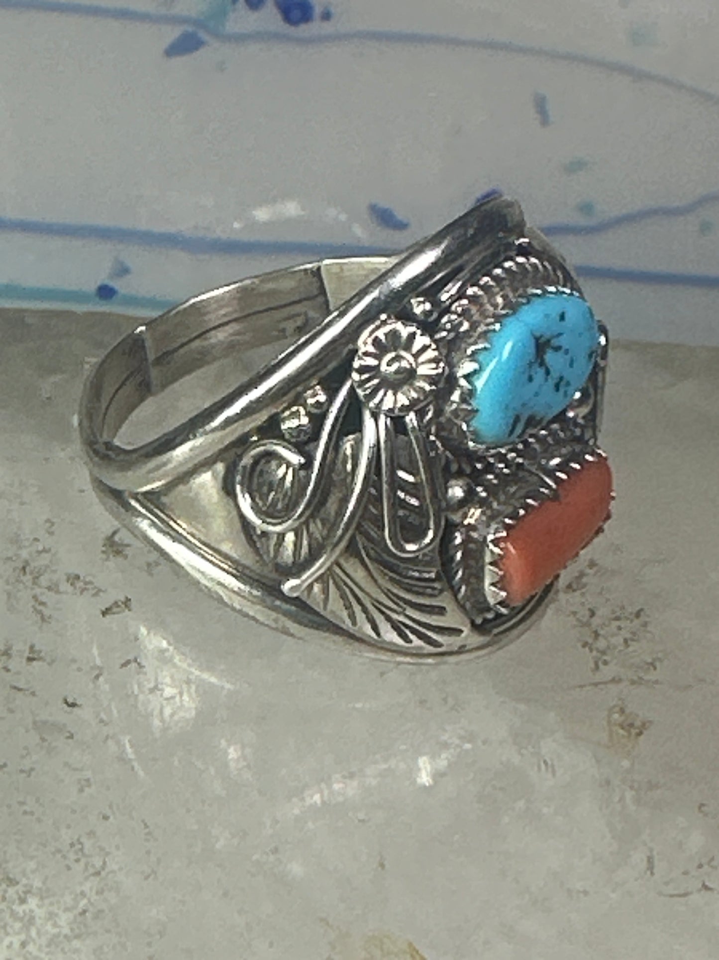 Navajo ring turquoise coral size 14.50 sterling silver men b
