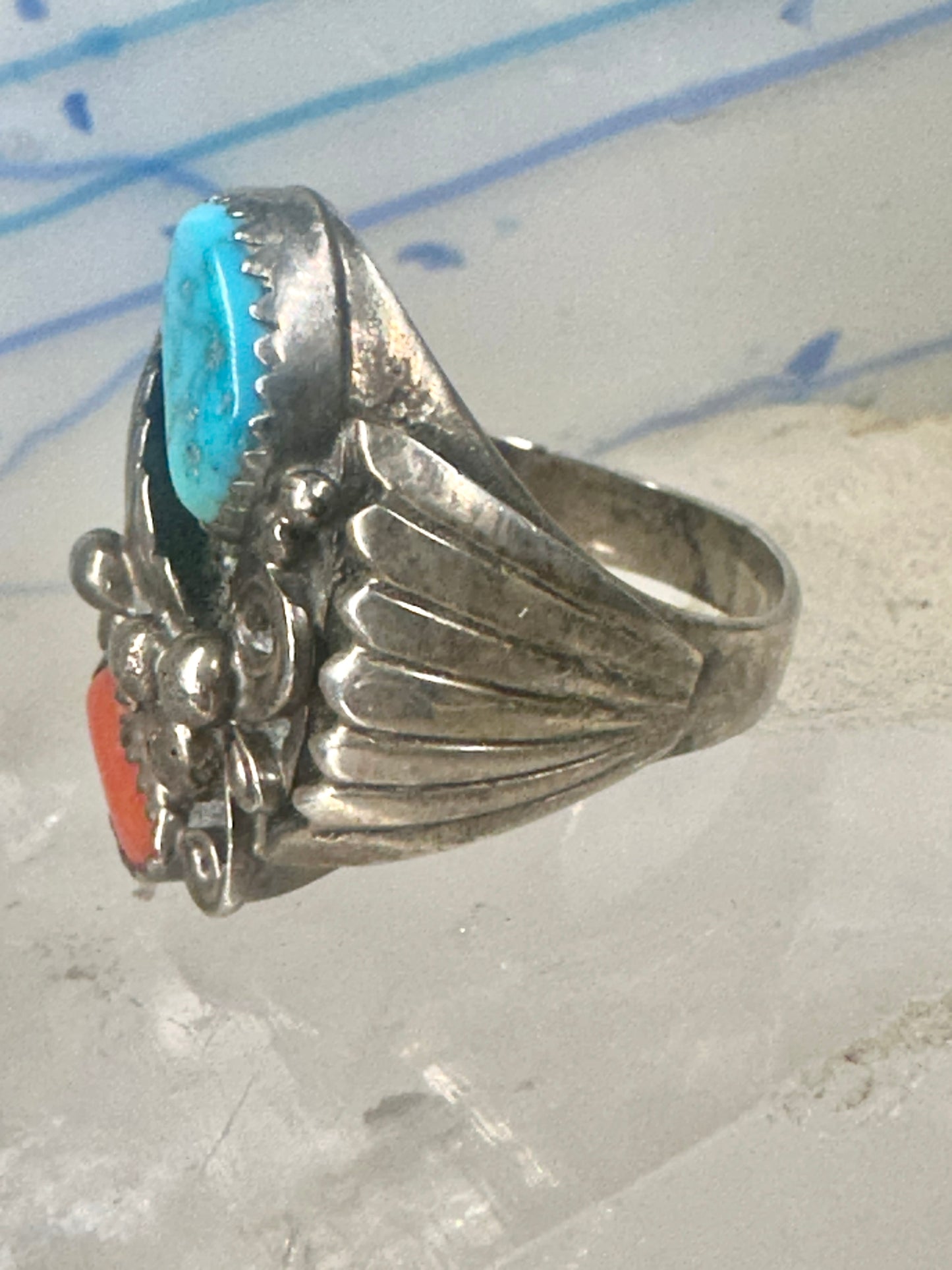 Navajo ring turquoise coral band size 9.75 sterling silver women men