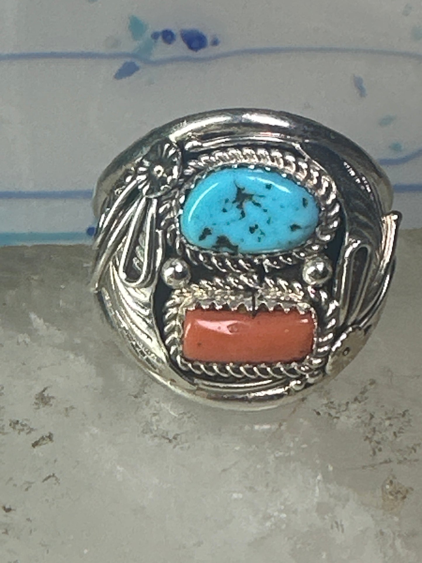 Navajo ring turquoise coral size 14.50 sterling silver men b
