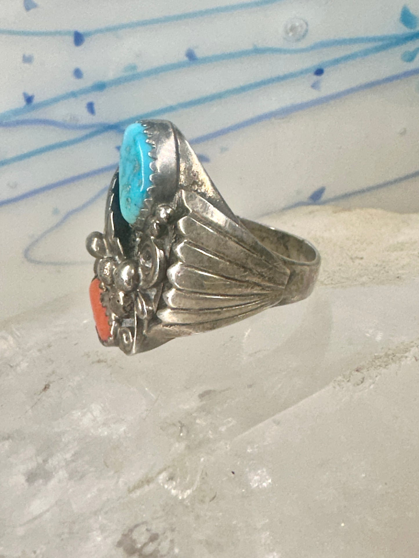 Navajo ring turquoise coral band size 9.75 sterling silver women men
