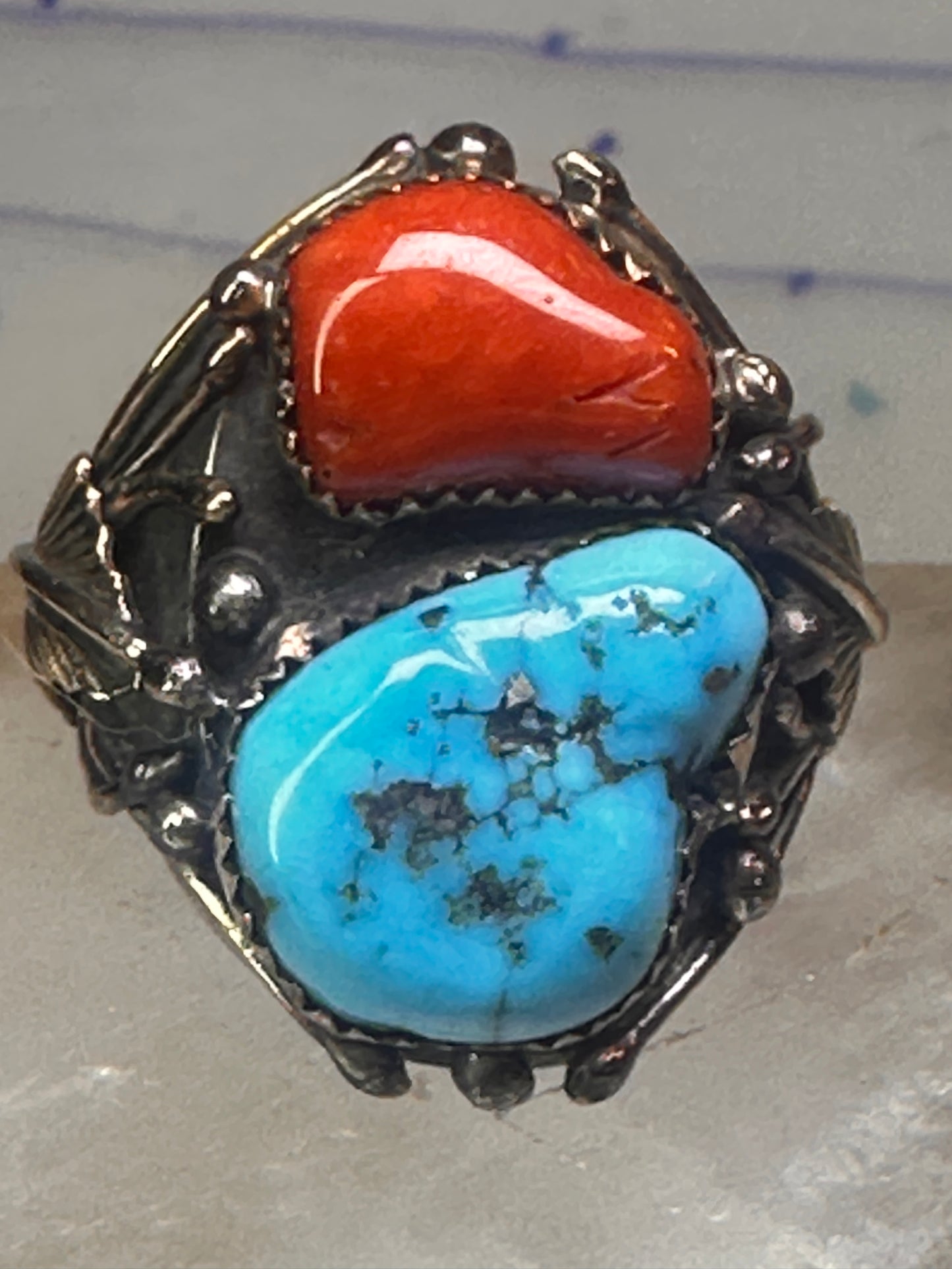 Navajo ring Turquoise coral ring Heavy Band Size 10.75 sterling silver women men