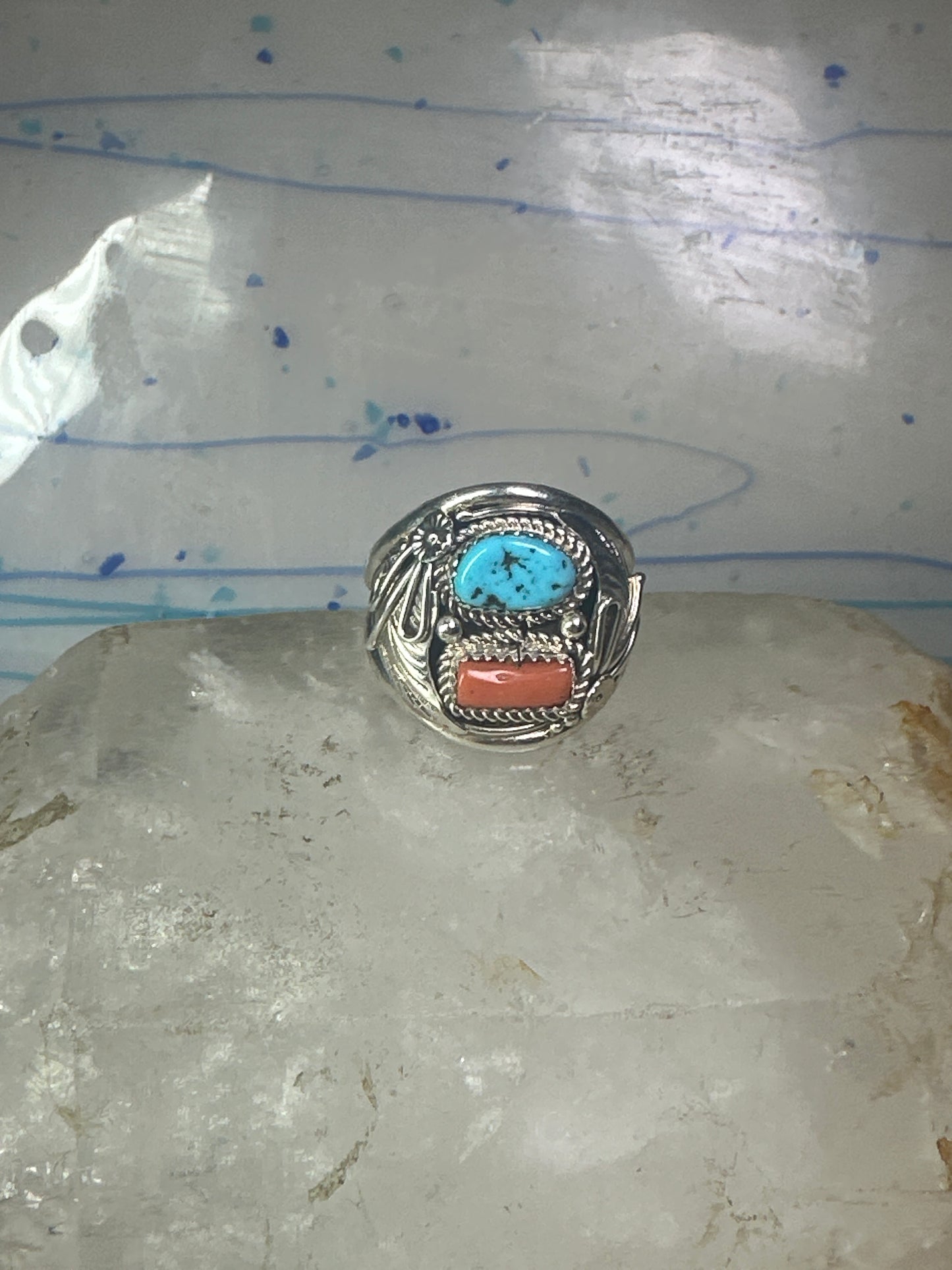 Navajo ring turquoise coral size 14.50 sterling silver men b