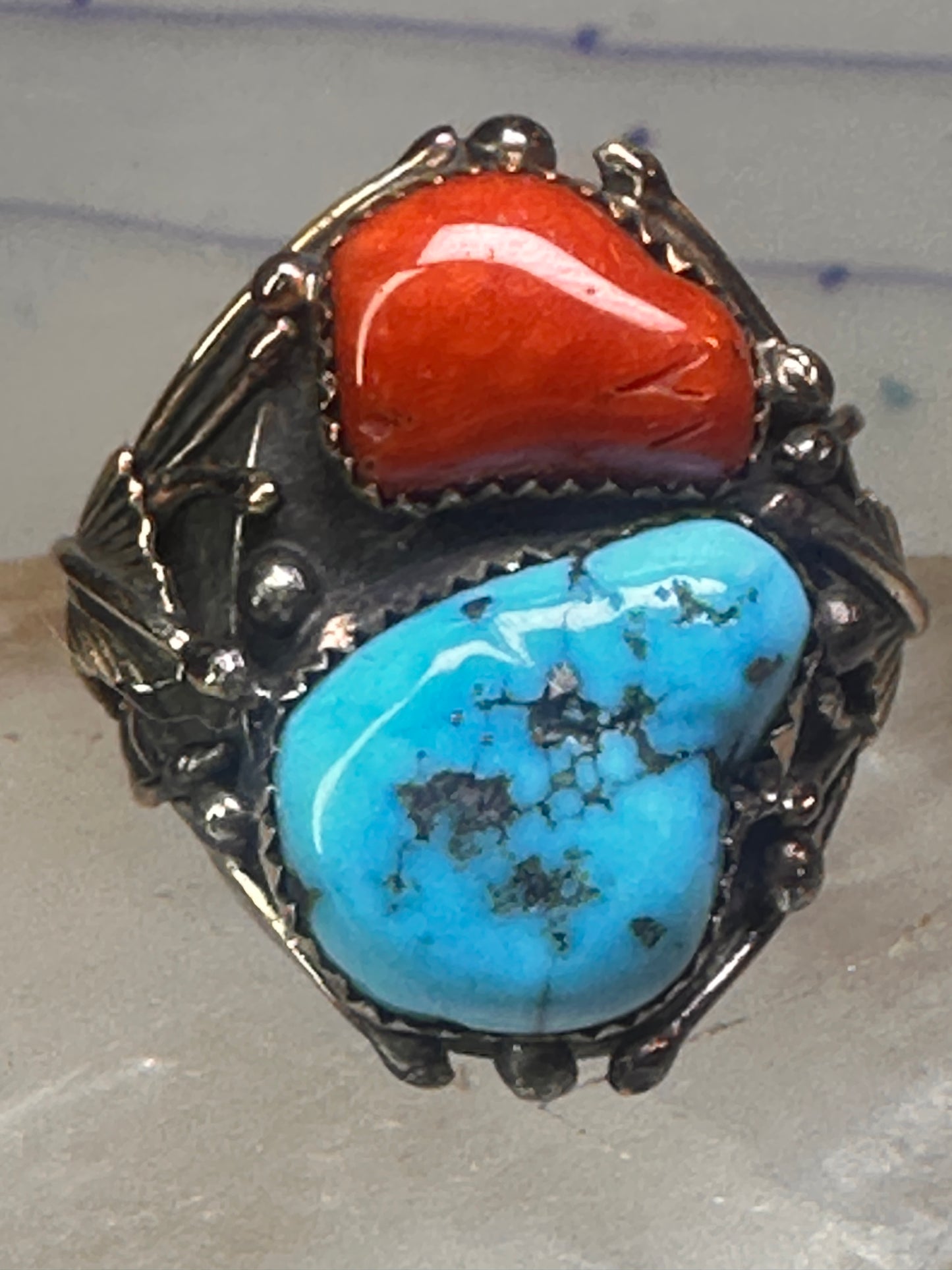 Navajo ring Turquoise coral ring Heavy Band Size 10.75 sterling silver women men