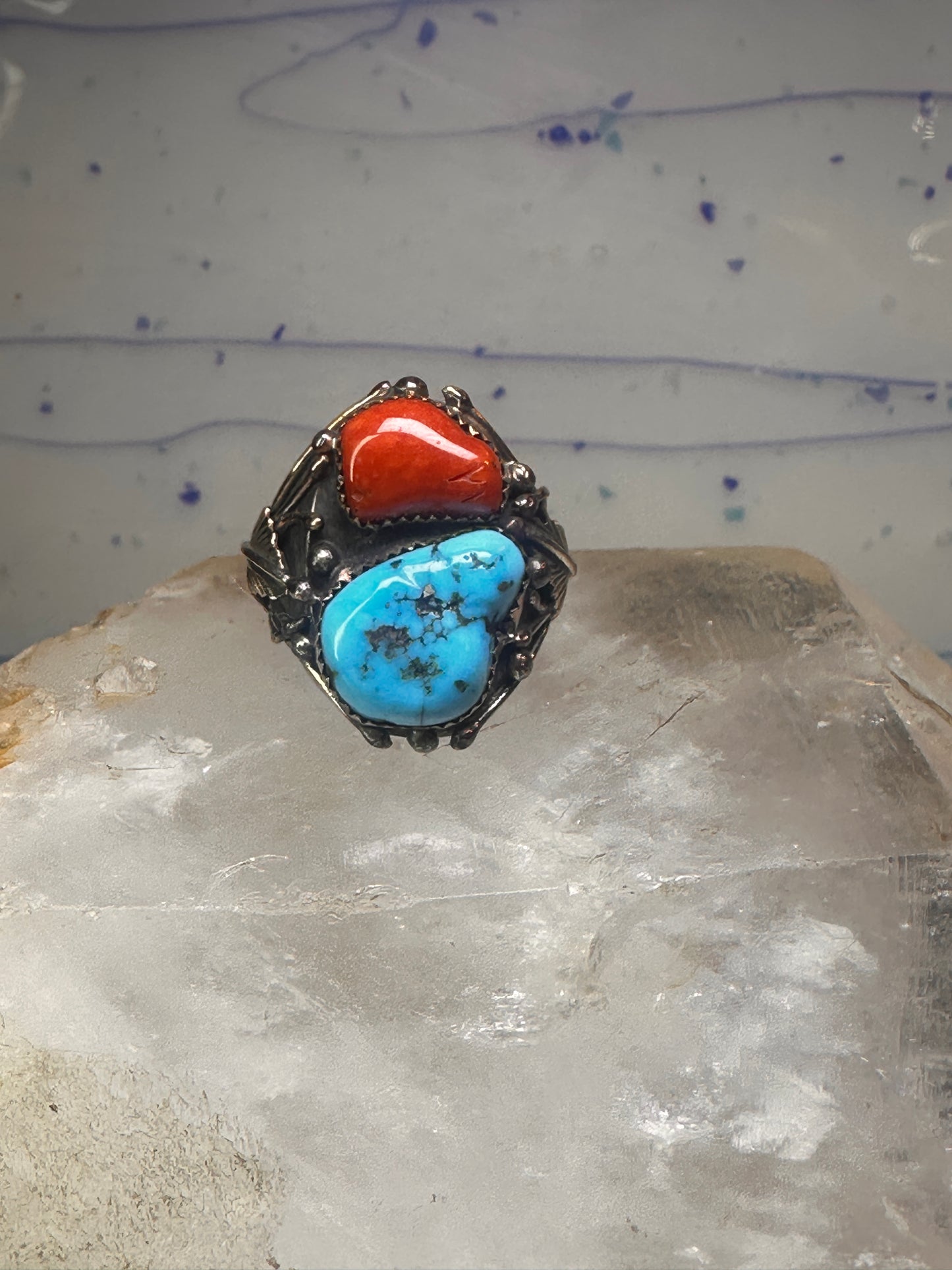 Navajo ring Turquoise coral ring Heavy Band Size 10.75 sterling silver women men