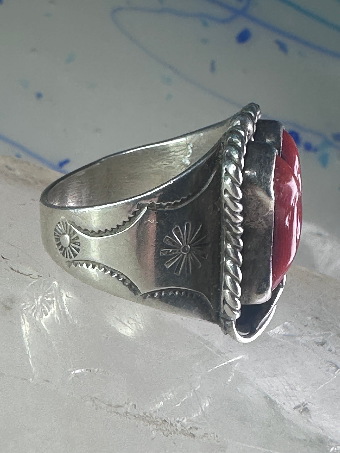 Navajo ring Coral band size 10.50 sterling silver stamping  women men