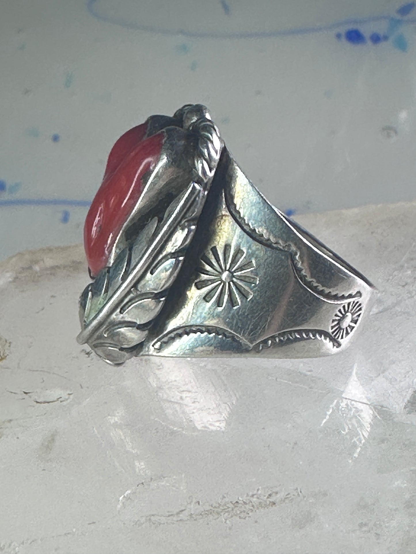Navajo ring Coral band size 10.50 sterling silver stamping  women men
