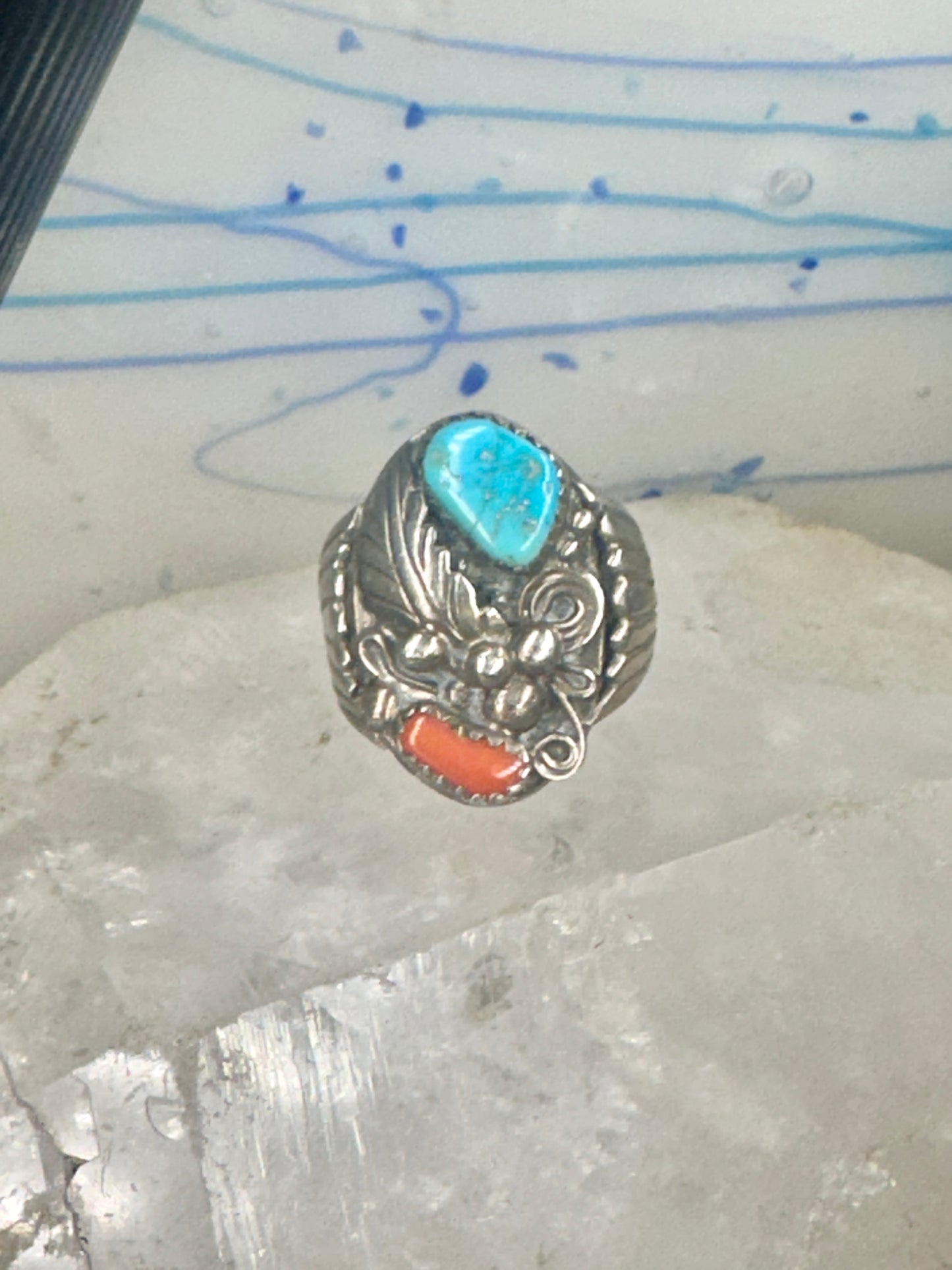 Navajo ring turquoise coral band size 9.75 sterling silver women men