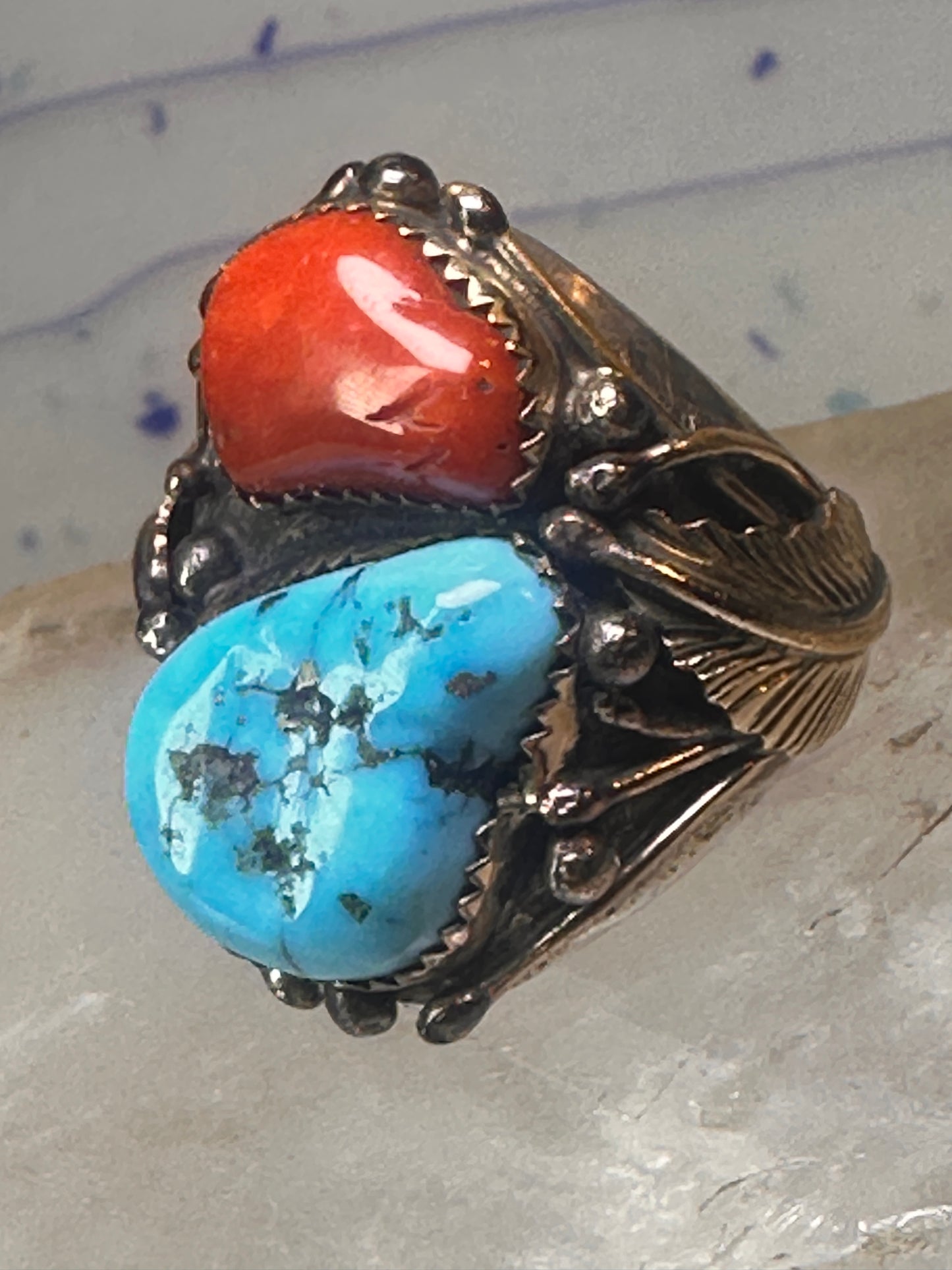 Navajo ring Turquoise coral ring Heavy Band Size 10.75 sterling silver women men