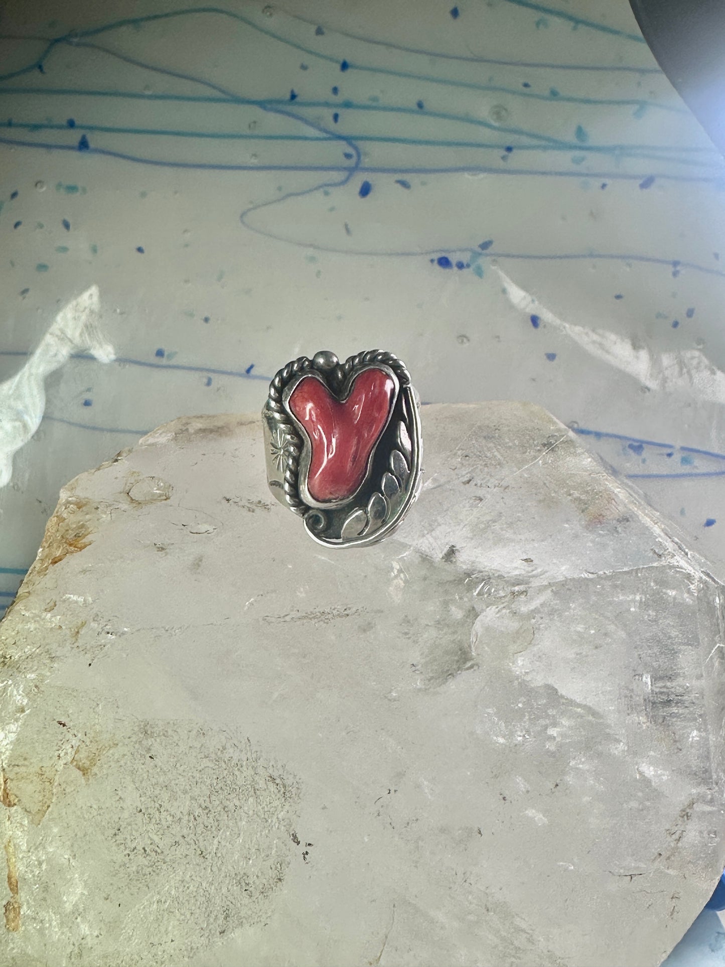 Navajo ring Coral band size 10.50 sterling silver stamping  women men