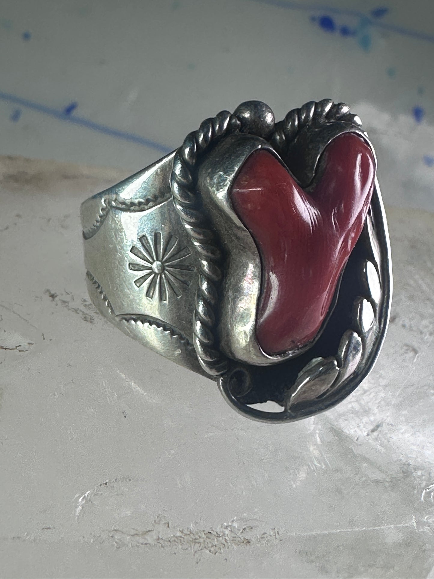 Navajo ring Coral band size 10.50 sterling silver stamping  women men